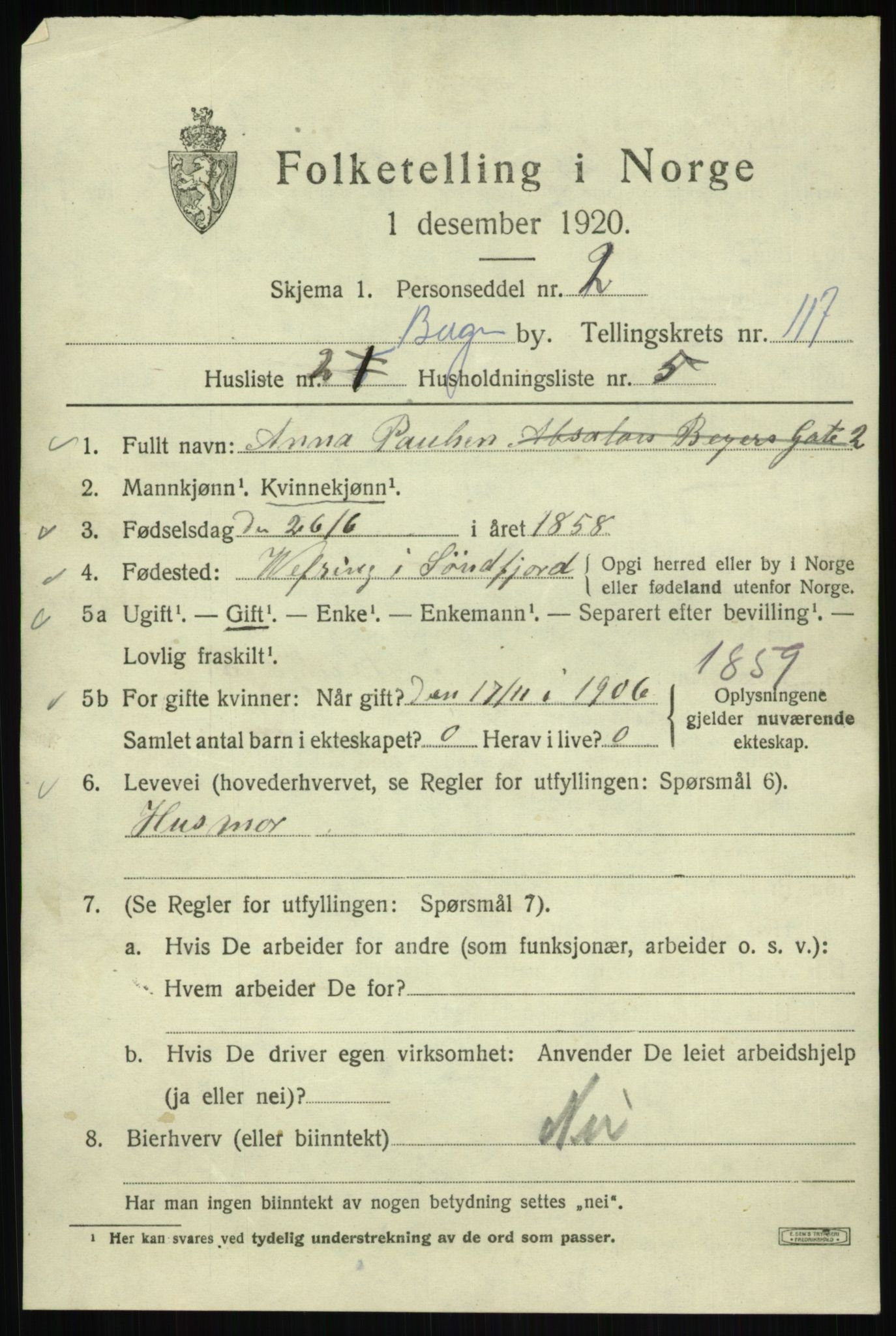 SAB, 1920 census for Bergen, 1920, p. 197821