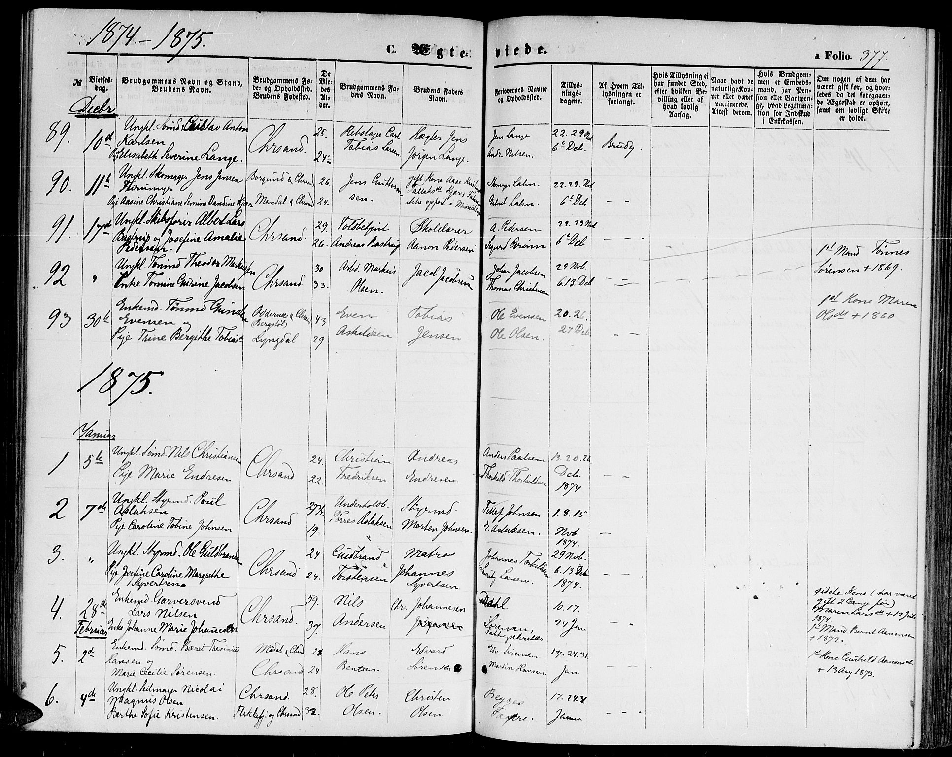 Kristiansand domprosti, SAK/1112-0006/F/Fb/L0013: Parish register (copy) no. B 13, 1871-1880, p. 377