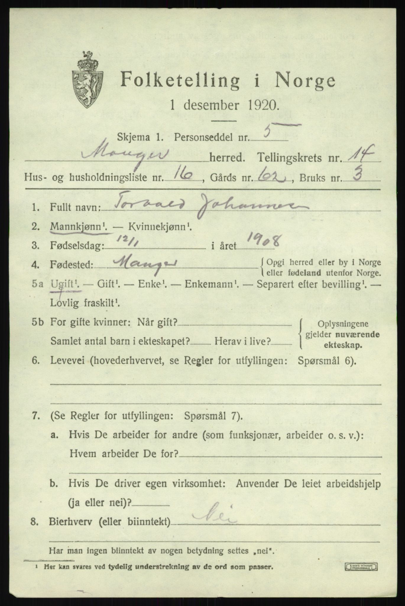 SAB, 1920 census for Manger, 1920, p. 8442