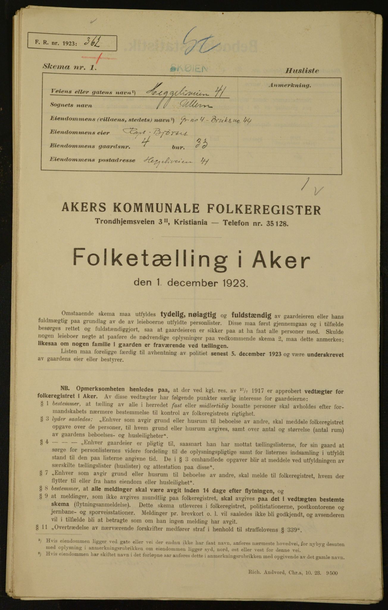 , Municipal Census 1923 for Aker, 1923, p. 2302