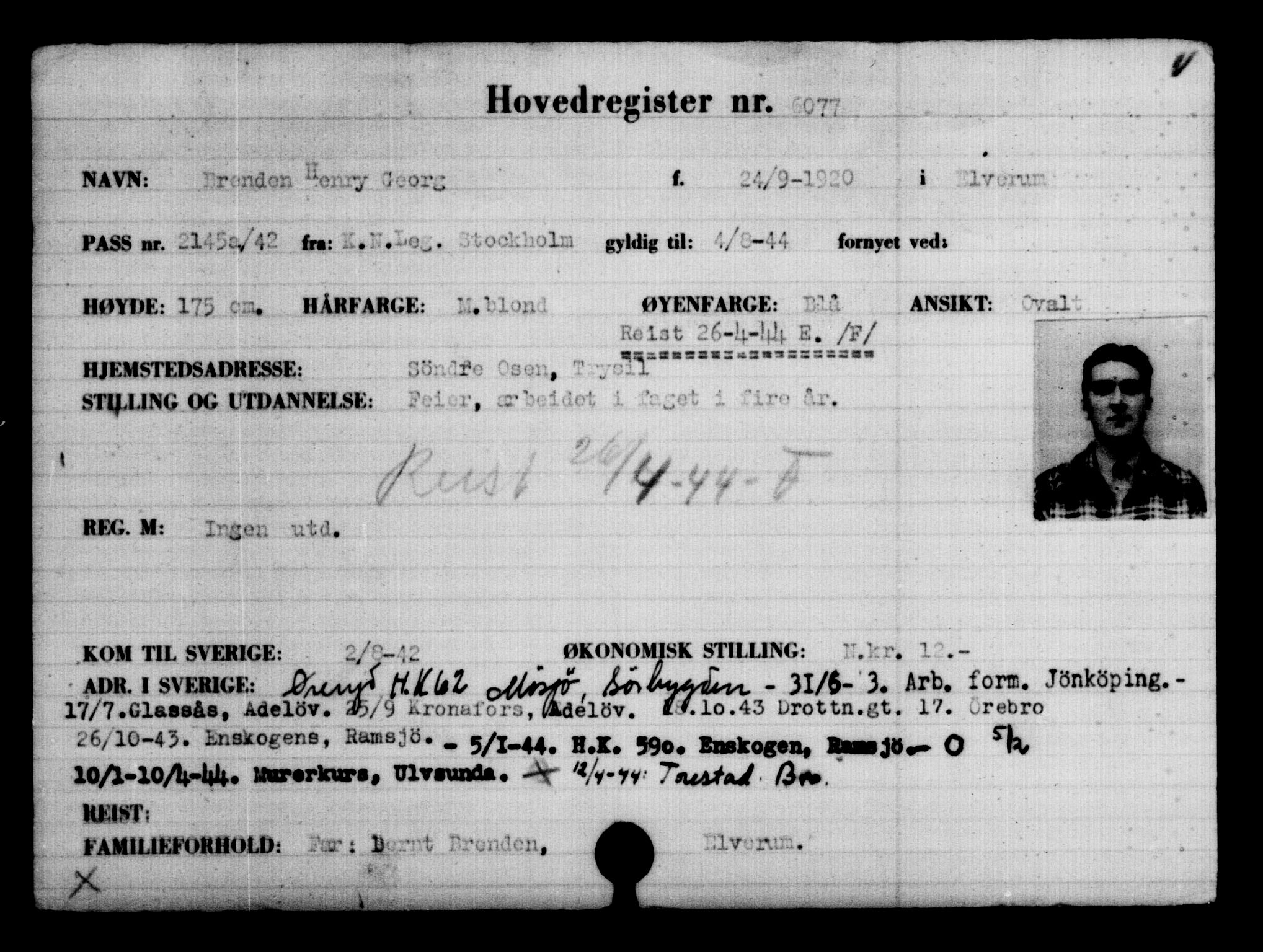 Utenriksstasjonene, Legasjonen i Stockholm, Flyktningkontoret, AV/RA-S-6753/V/Va/L0004: Kjesäterkartoteket, flyktninger med registreringsnr. 3496-6610, 1940-1945, p. 3026