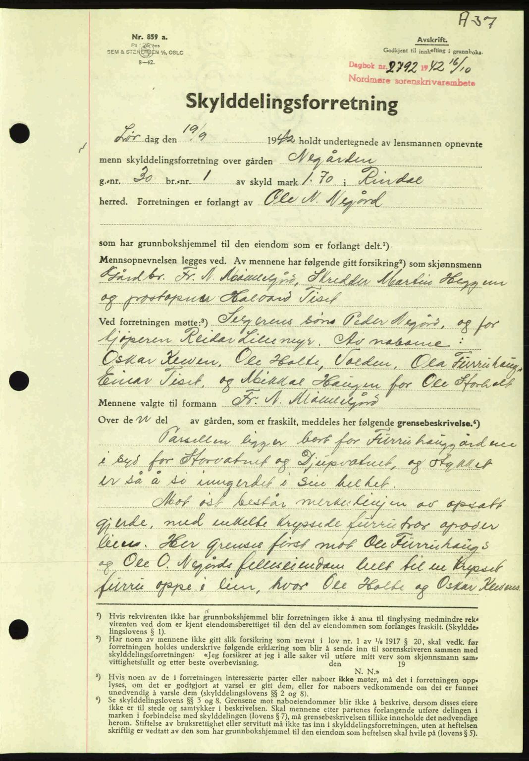 Nordmøre sorenskriveri, AV/SAT-A-4132/1/2/2Ca: Mortgage book no. A94, 1942-1943, Diary no: : 2792/1942