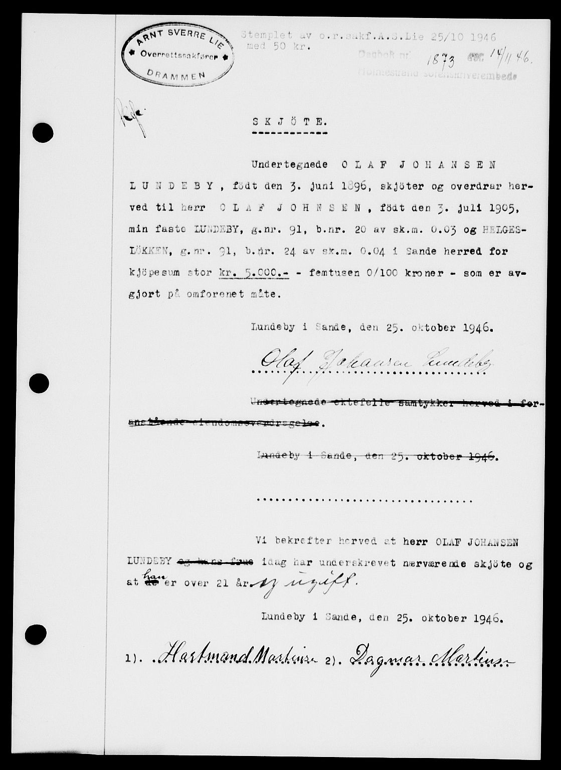 Holmestrand sorenskriveri, AV/SAKO-A-67/G/Ga/Gaa/L0061: Mortgage book no. A-61, 1946-1947, Diary no: : 1873/1946