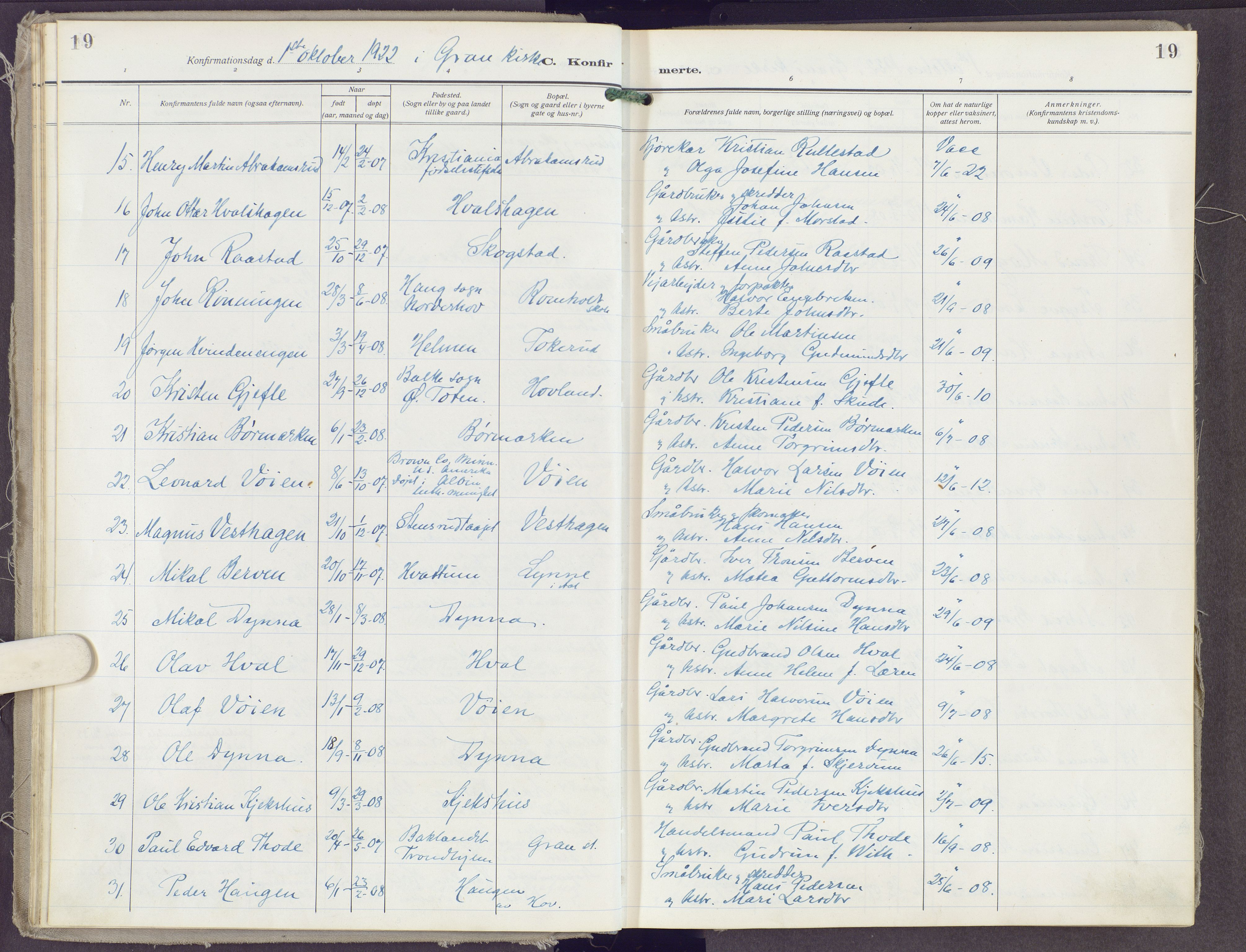 Gran prestekontor, SAH/PREST-112/H/Ha/Haa/L0023: Parish register (official) no. 23, 1919-1938, p. 19