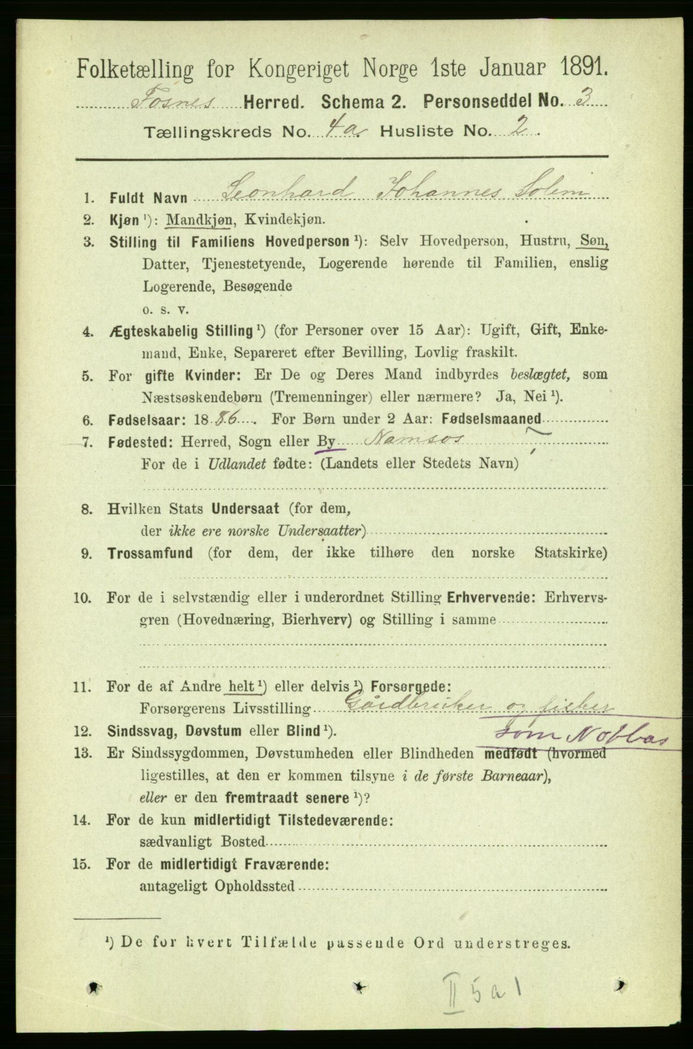 RA, 1891 census for 1748 Fosnes, 1891, p. 1393