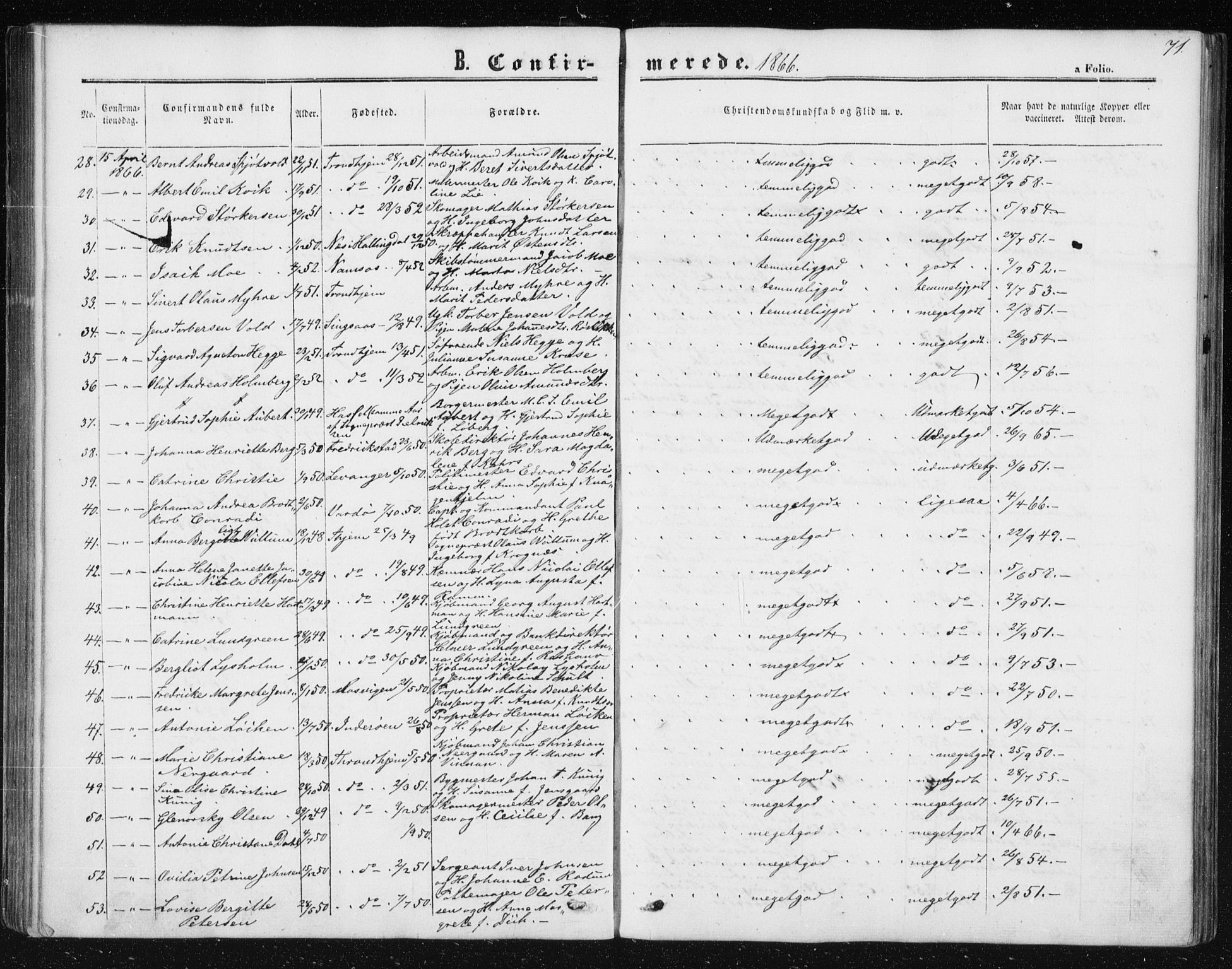 Ministerialprotokoller, klokkerbøker og fødselsregistre - Sør-Trøndelag, SAT/A-1456/602/L0114: Parish register (official) no. 602A12, 1856-1872, p. 71