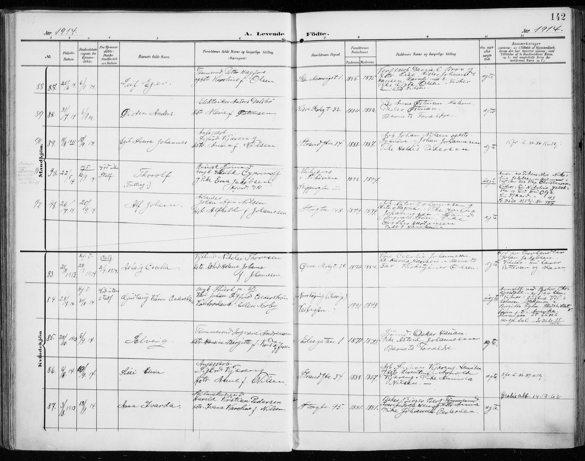 Tromsø sokneprestkontor/stiftsprosti/domprosti, AV/SATØ-S-1343/G/Ga/L0017kirke: Parish register (official) no. 17, 1907-1917, p. 142