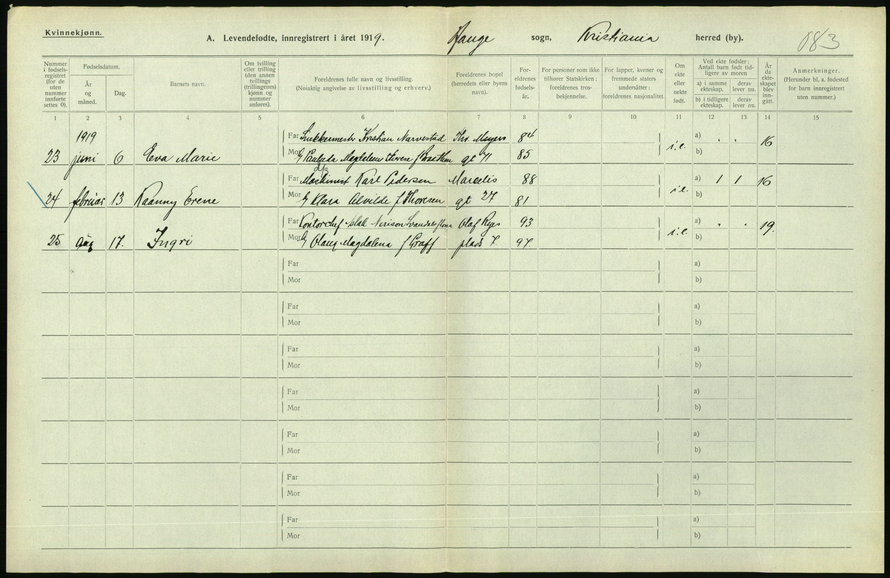 Statistisk sentralbyrå, Sosiodemografiske emner, Befolkning, AV/RA-S-2228/D/Df/Dfb/Dfbi/L0008: Kristiania: Levendefødte menn og kvinner., 1919