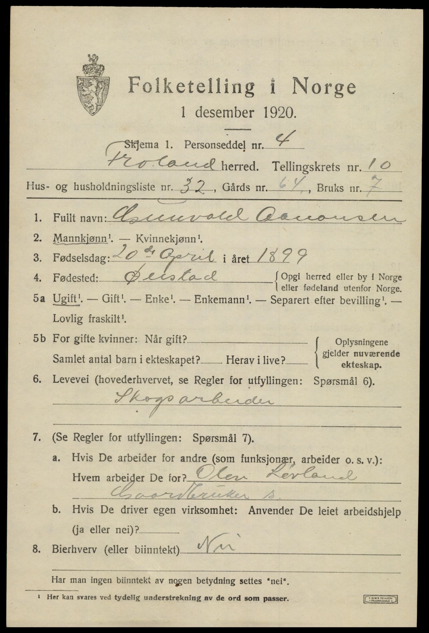 SAK, 1920 census for Froland, 1920, p. 5661