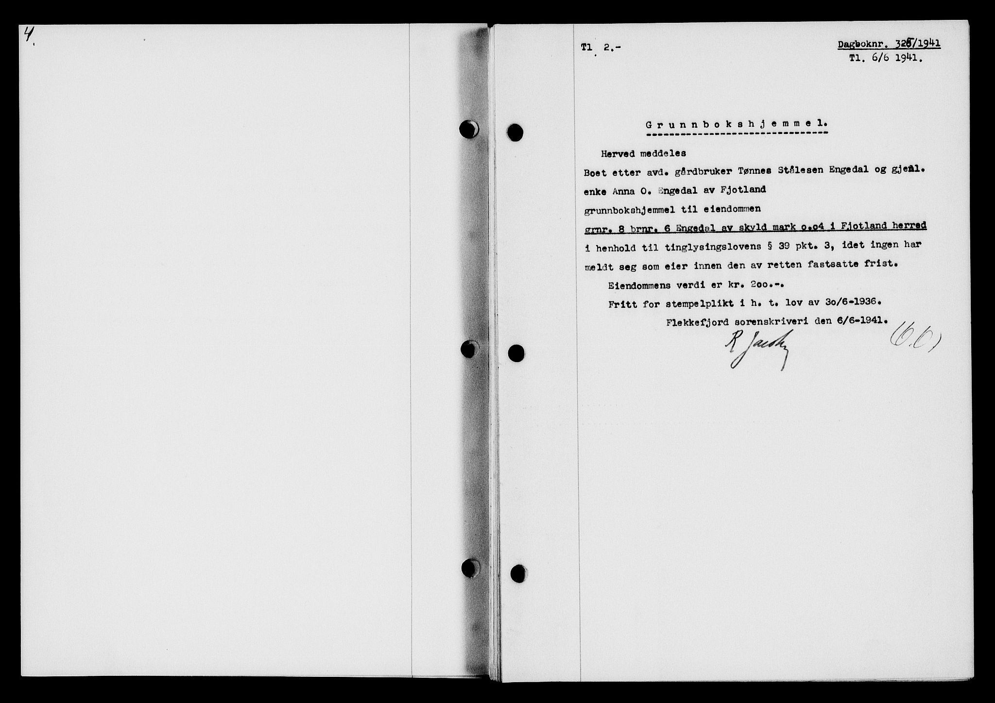 Flekkefjord sorenskriveri, SAK/1221-0001/G/Gb/Gba/L0057: Mortgage book no. A-5, 1941-1942, Diary no: : 325/1941