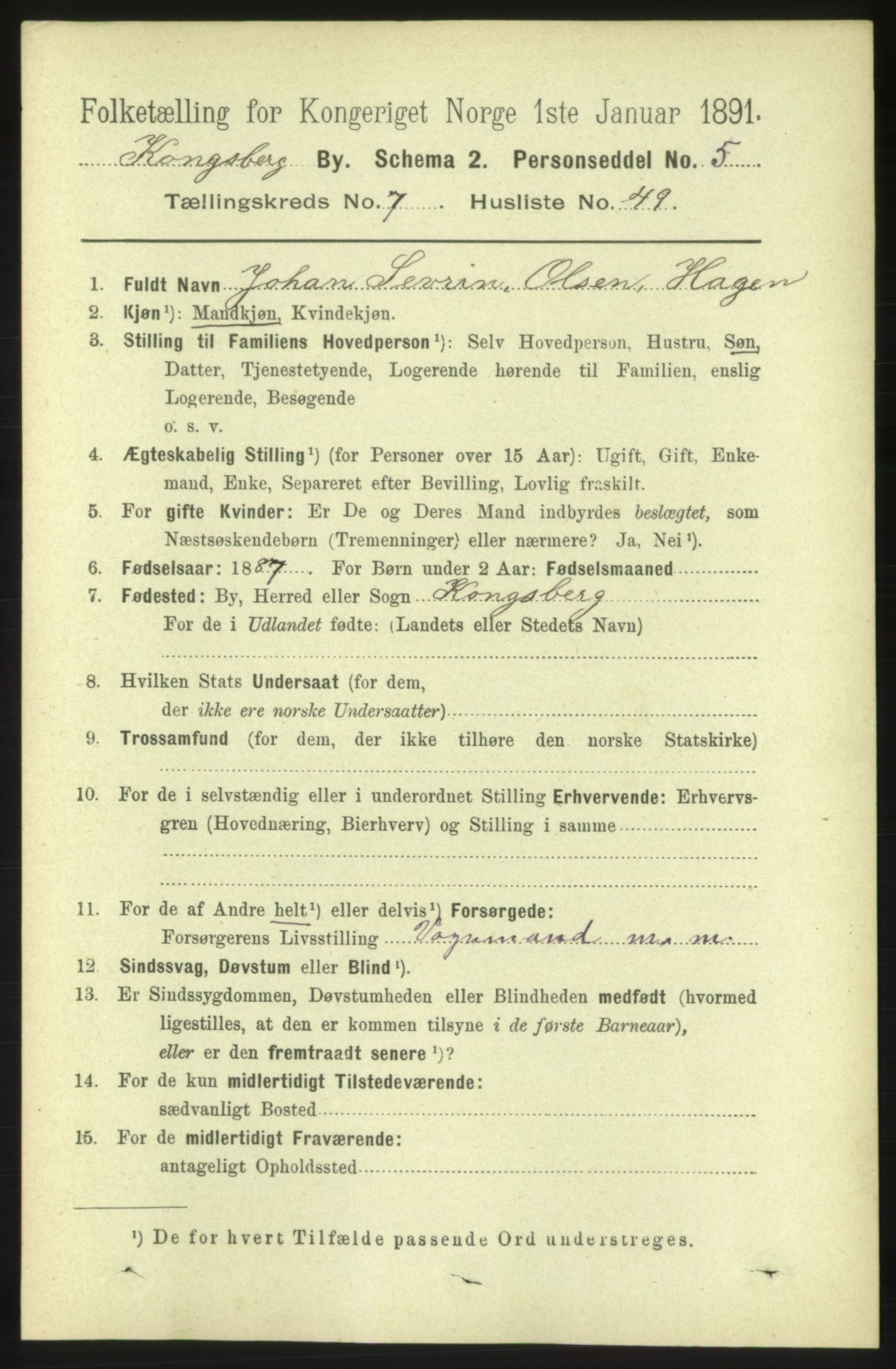 RA, 1891 census for 0604 Kongsberg, 1891, p. 5482