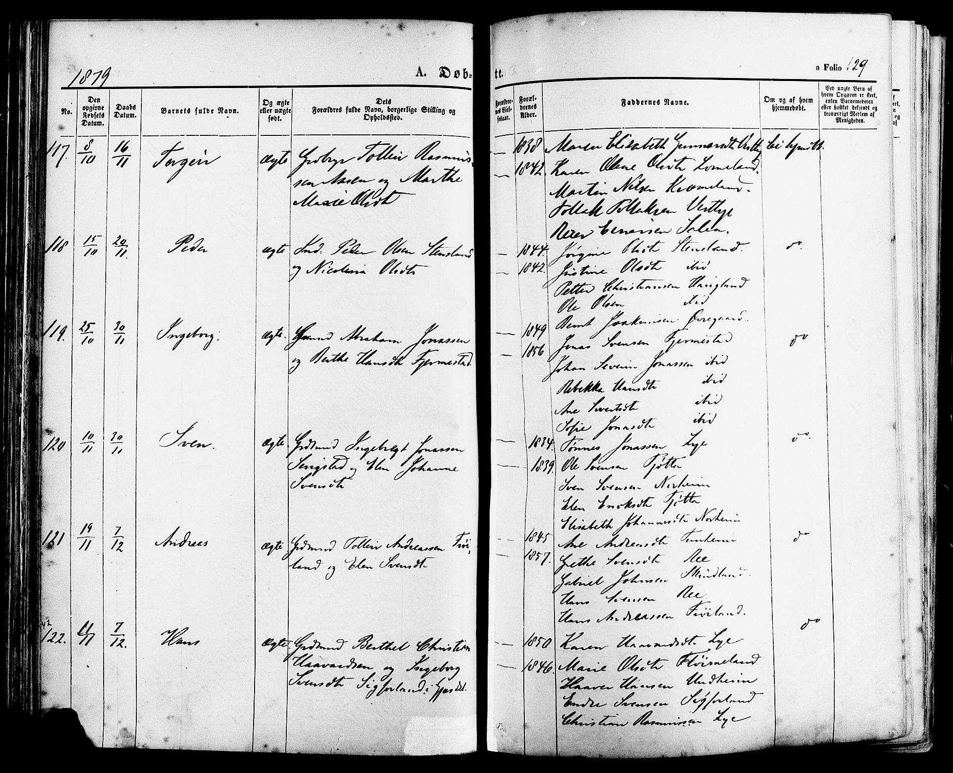 Lye sokneprestkontor, AV/SAST-A-101794/001/30BA/L0008: Parish register (official) no. A 7, 1872-1881, p. 129