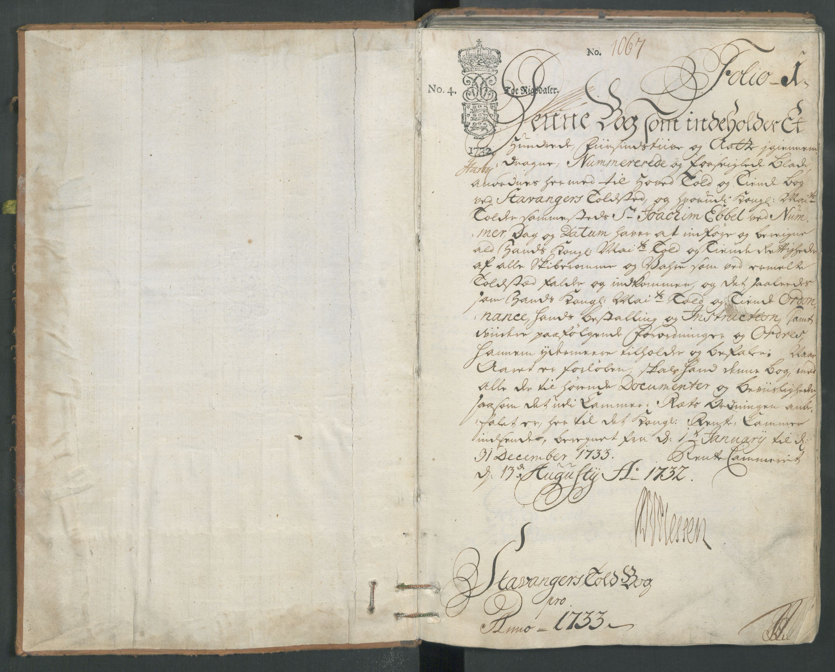 Generaltollkammeret, tollregnskaper, AV/RA-EA-5490/R22/L0012/0001: Tollregnskaper Stavanger / Hovedtollbok, 1733, p. 1a