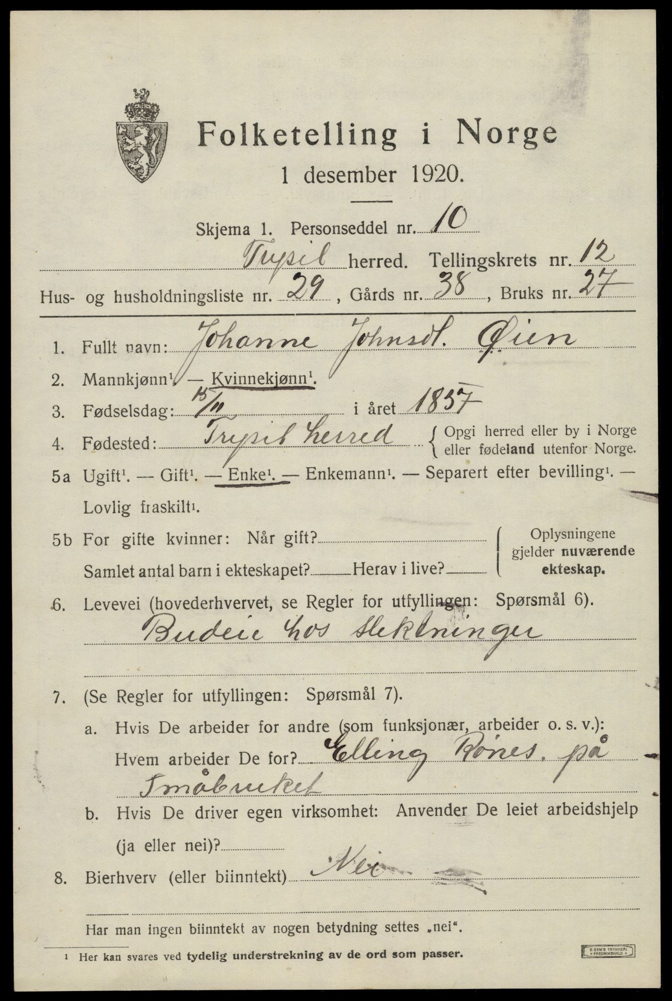 SAH, 1920 census for Trysil, 1920, p. 7535