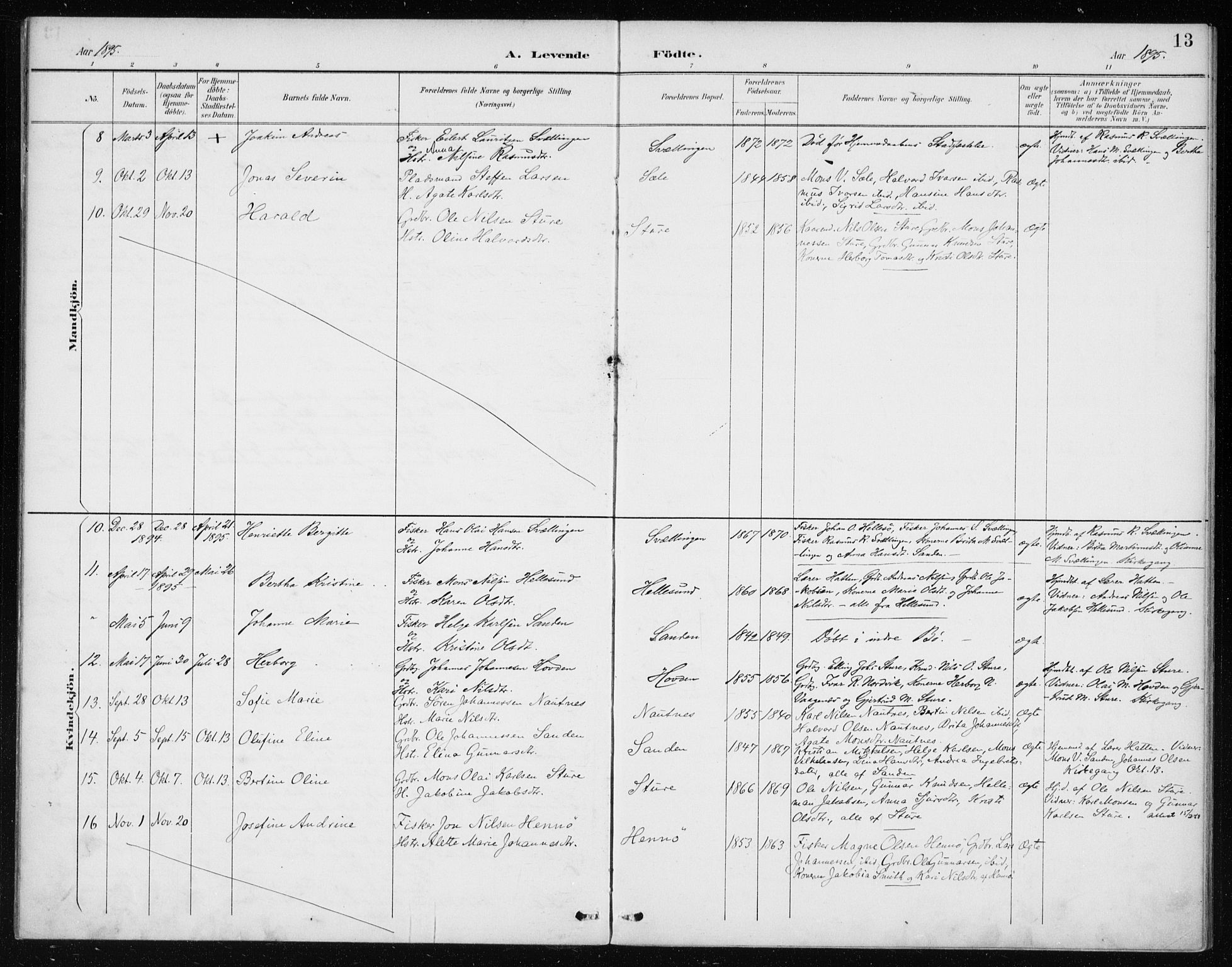 Manger sokneprestembete, SAB/A-76801/H/Haa: Parish register (official) no. E  2, 1891-1902, p. 13