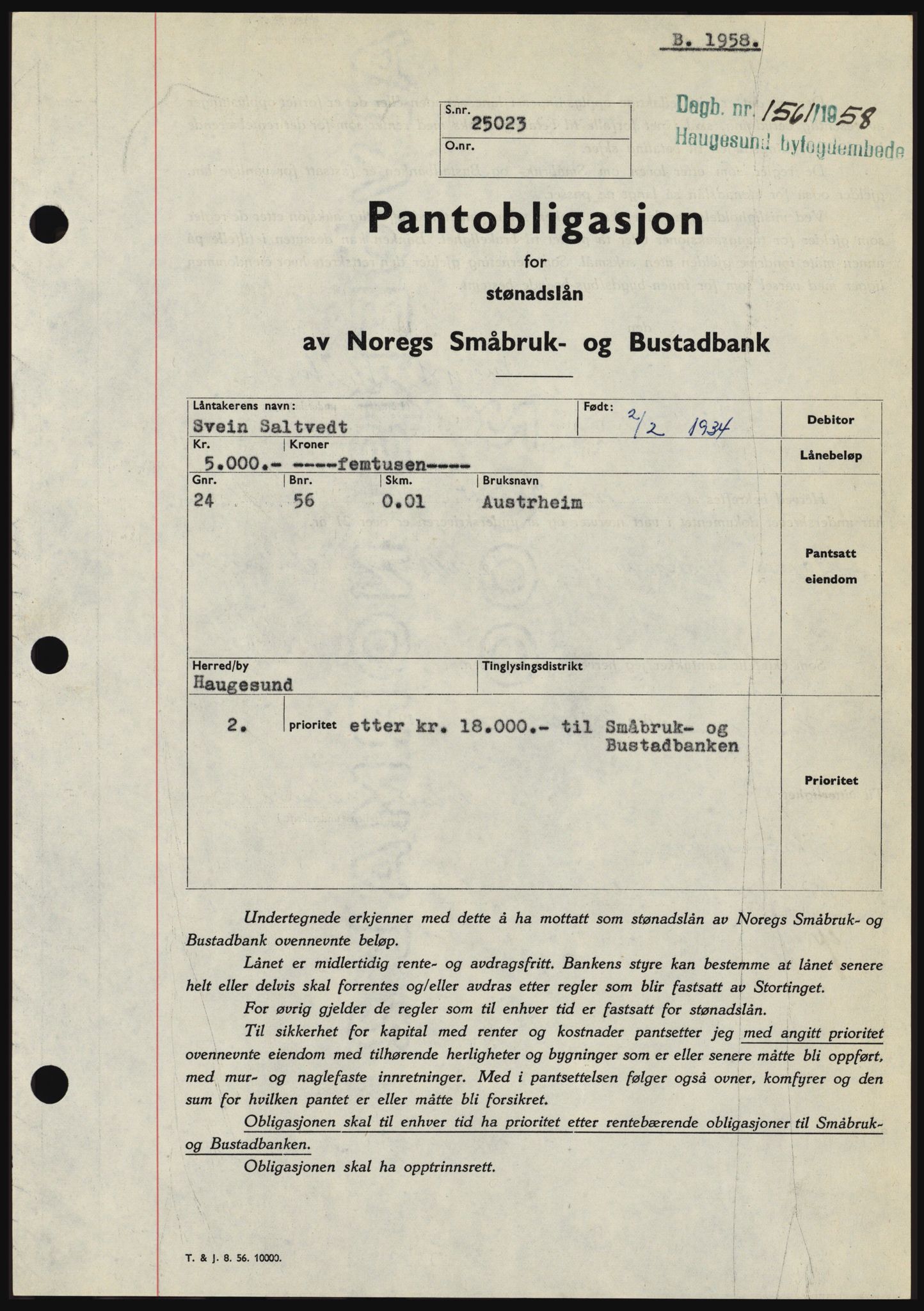Haugesund tingrett, SAST/A-101415/01/II/IIC/L0044: Mortgage book no. B 44, 1958-1959, Diary no: : 1561/1958