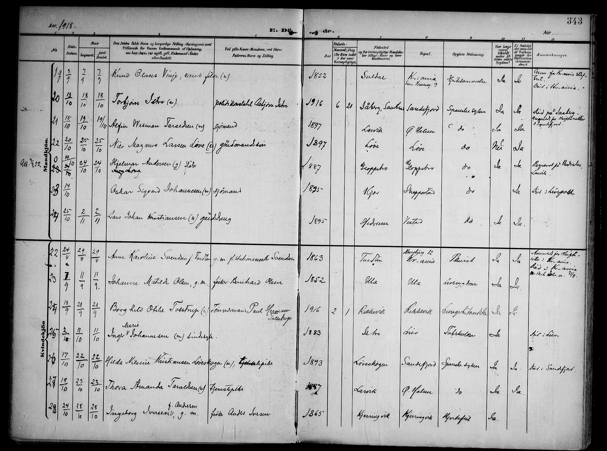 Tjølling kirkebøker, AV/SAKO-A-60/F/Fa/L0010: Parish register (official) no. 10, 1906-1923, p. 343