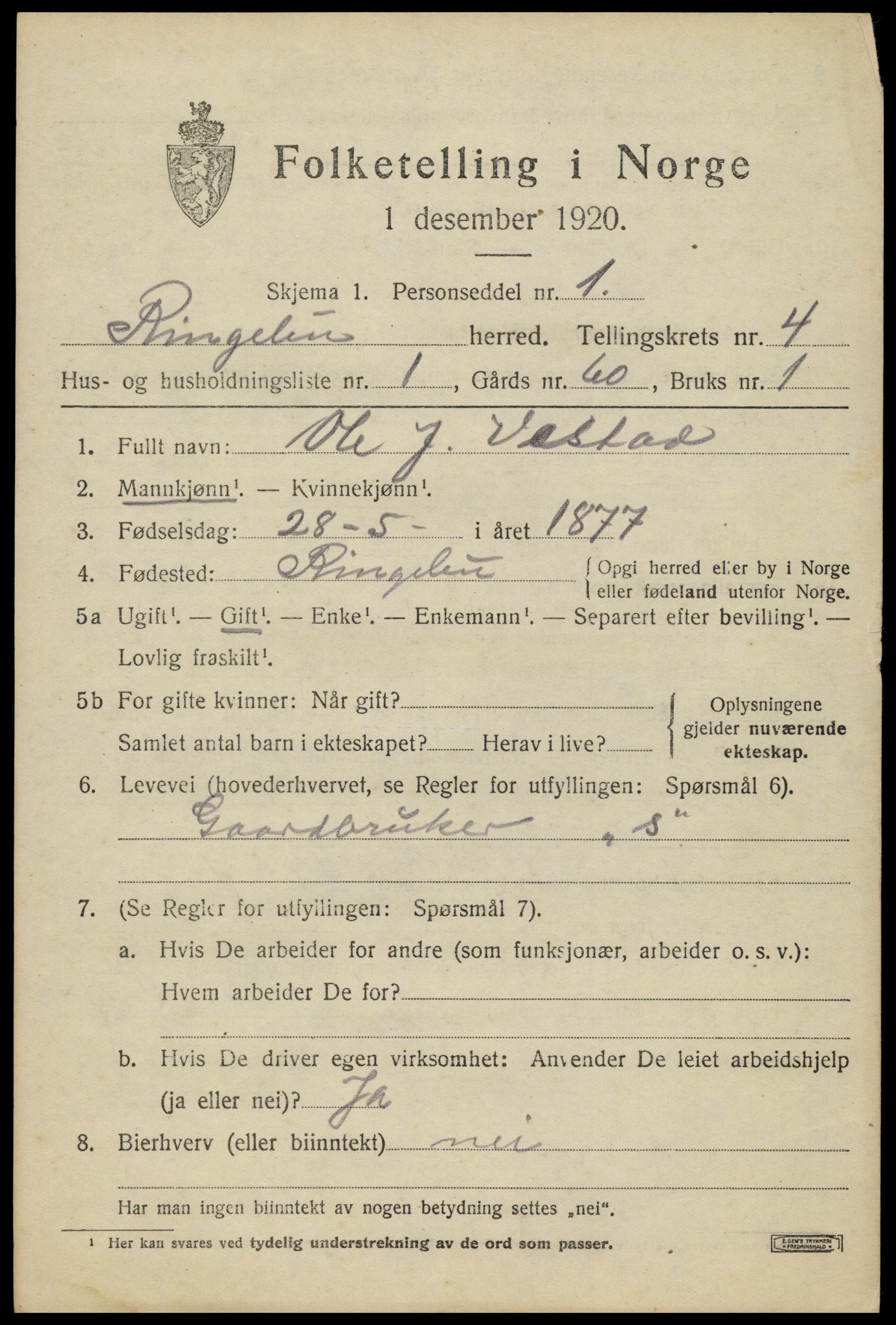 SAH, 1920 census for Ringebu, 1920, p. 5147