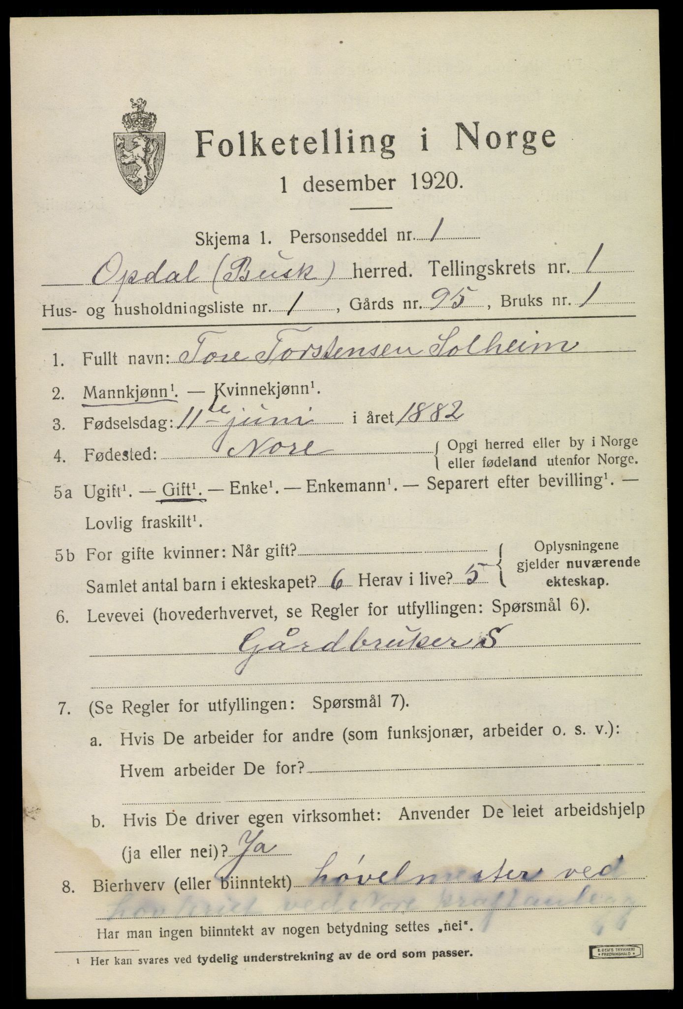 SAKO, 1920 census for Uvdal, 1920, p. 627