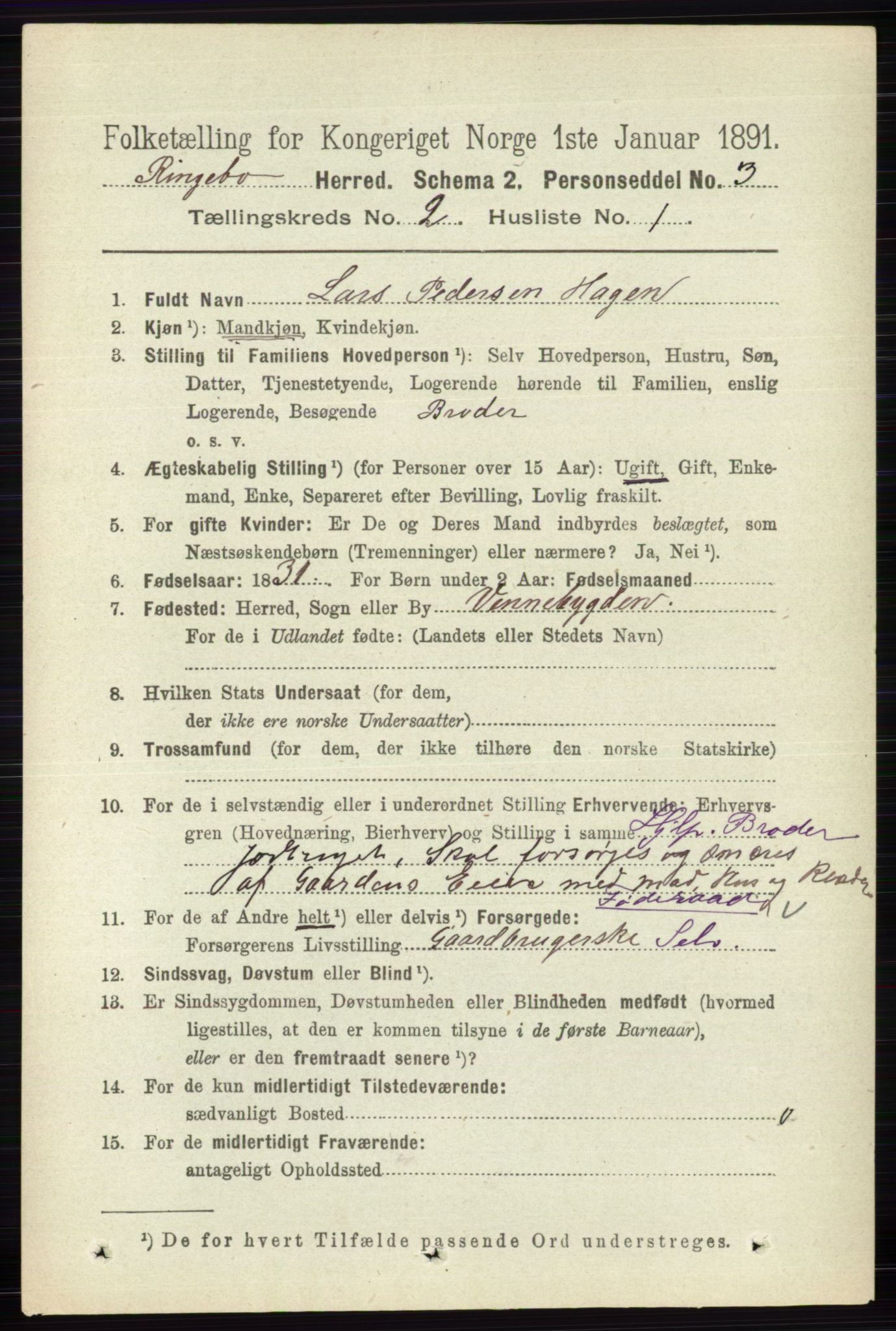 RA, 1891 census for 0520 Ringebu, 1891, p. 392