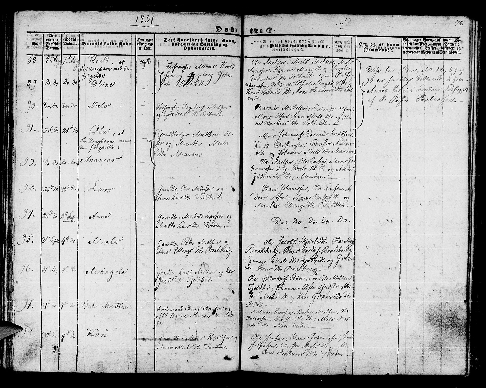 Manger sokneprestembete, SAB/A-76801/H/Haa: Parish register (official) no. A 4, 1824-1838, p. 74