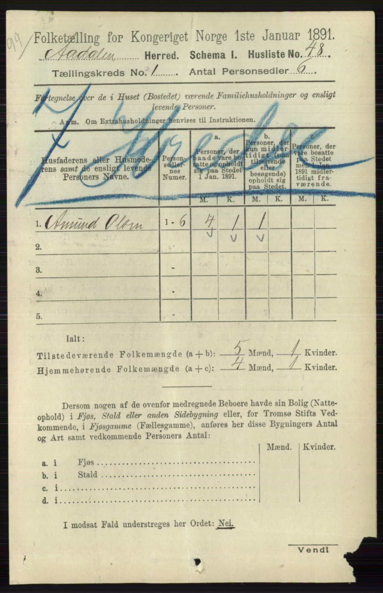 RA, 1891 census for 0614 Ådal, 1891, p. 71