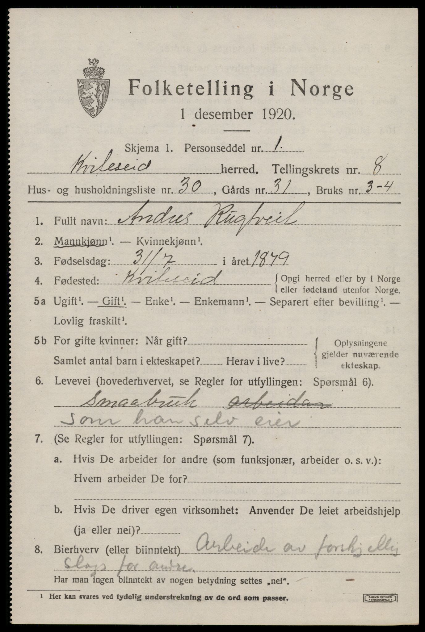 SAKO, 1920 census for Kviteseid, 1920, p. 4087