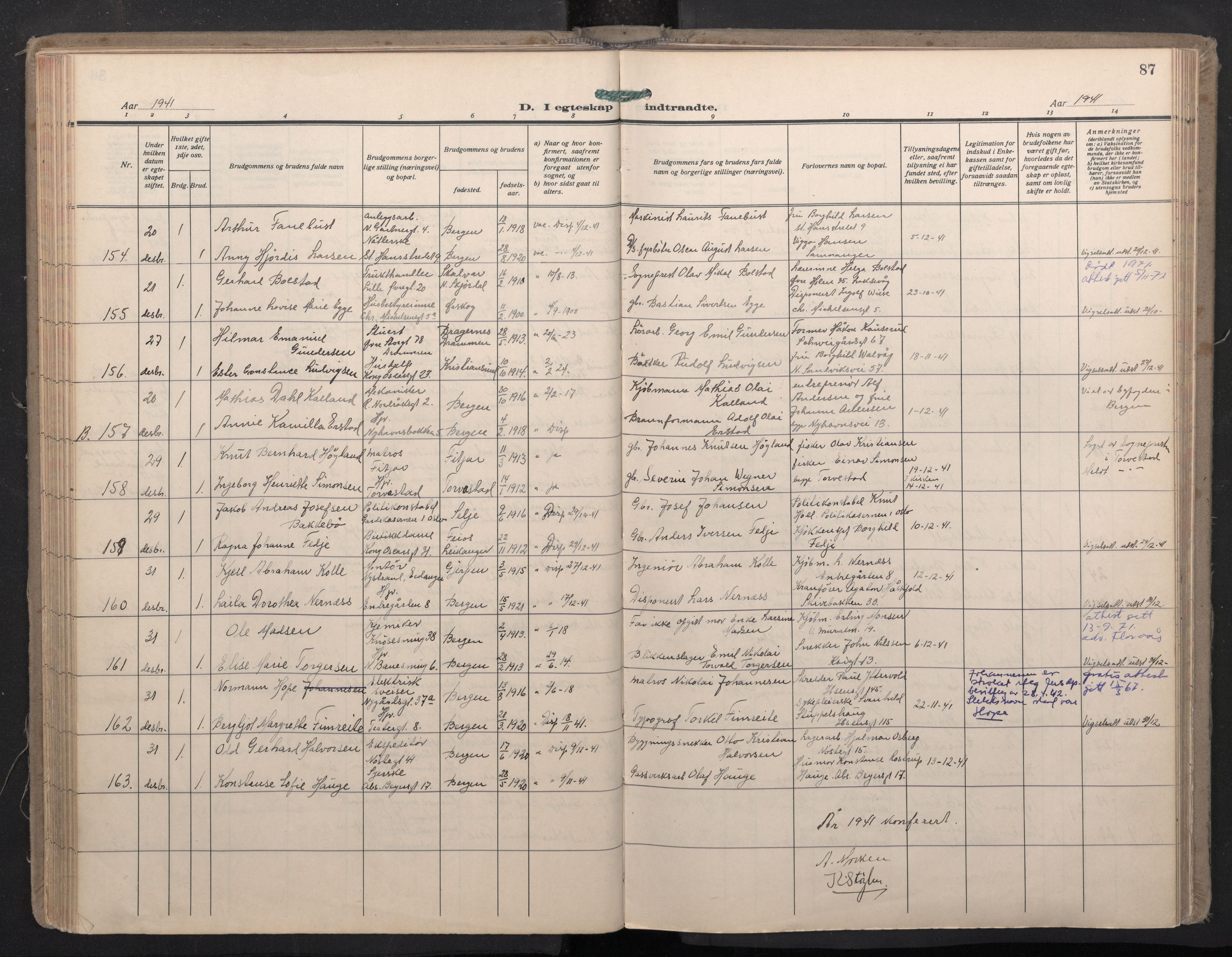 Domkirken sokneprestembete, SAB/A-74801/H/Haa: Parish register (official) no. D 7, 1937-1950, p. 86b-87a