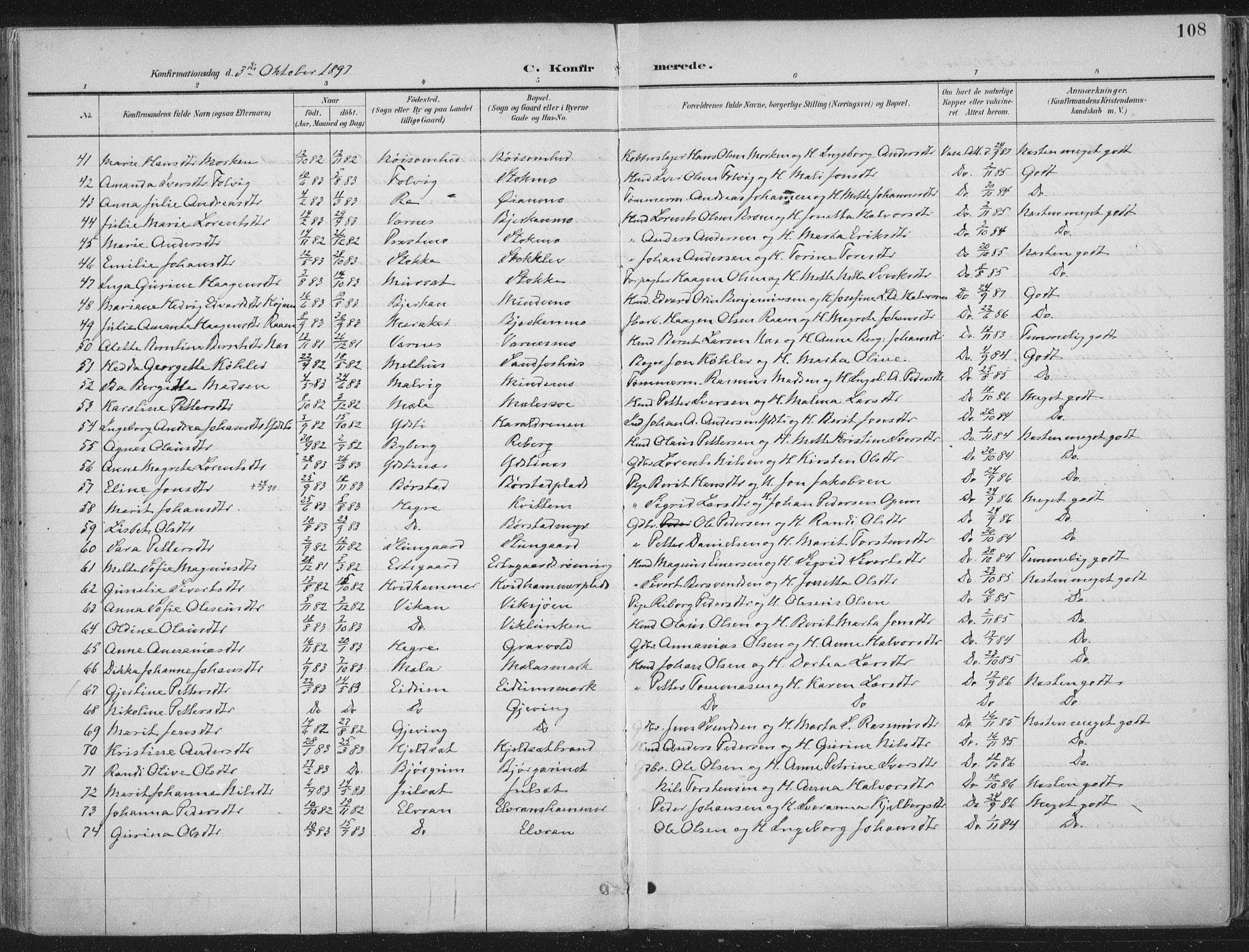 Ministerialprotokoller, klokkerbøker og fødselsregistre - Nord-Trøndelag, AV/SAT-A-1458/709/L0082: Parish register (official) no. 709A22, 1896-1916, p. 108
