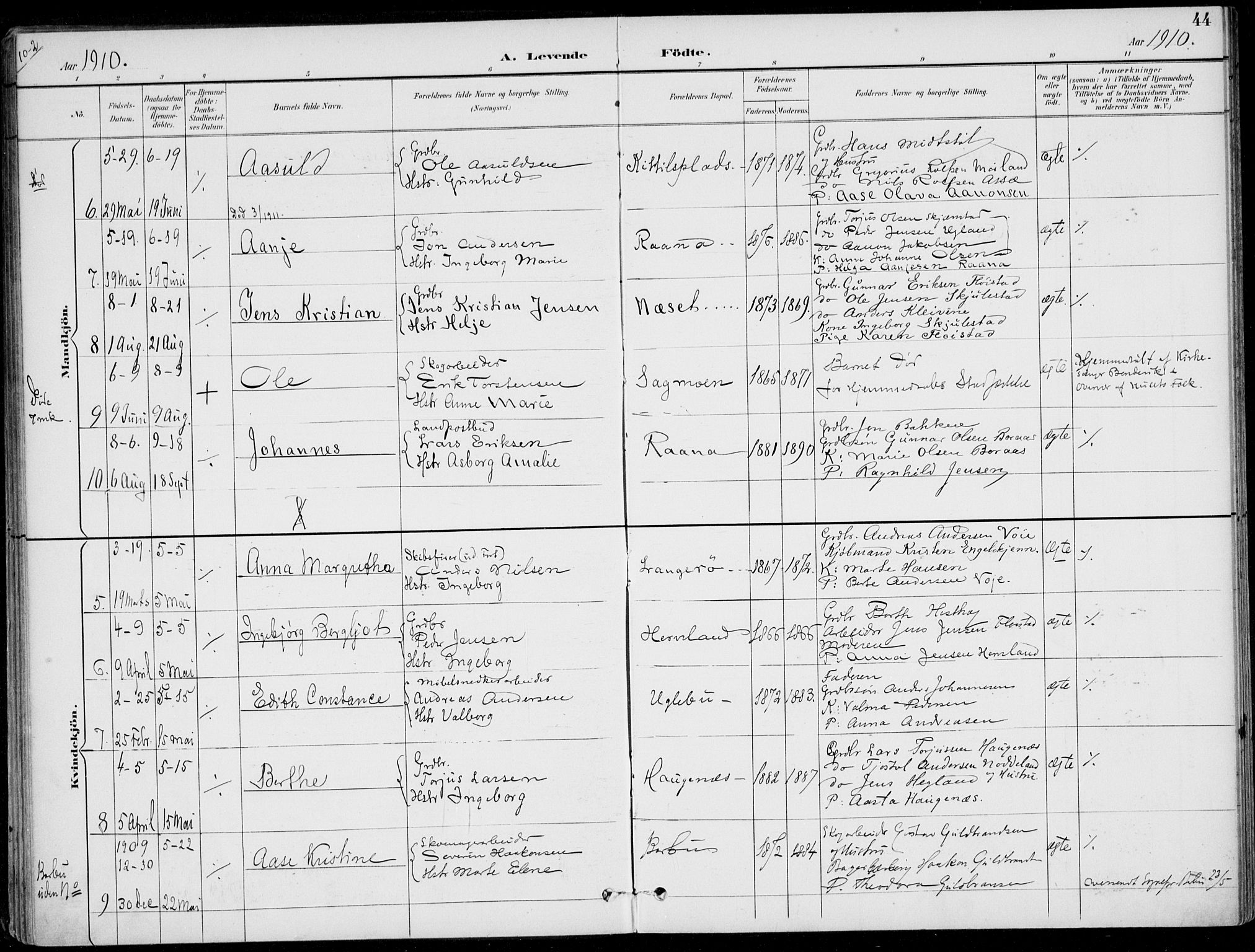 Austre Moland sokneprestkontor, AV/SAK-1111-0001/F/Fa/Faa/L0011: Parish register (official) no. A 11, 1894-1915, p. 44