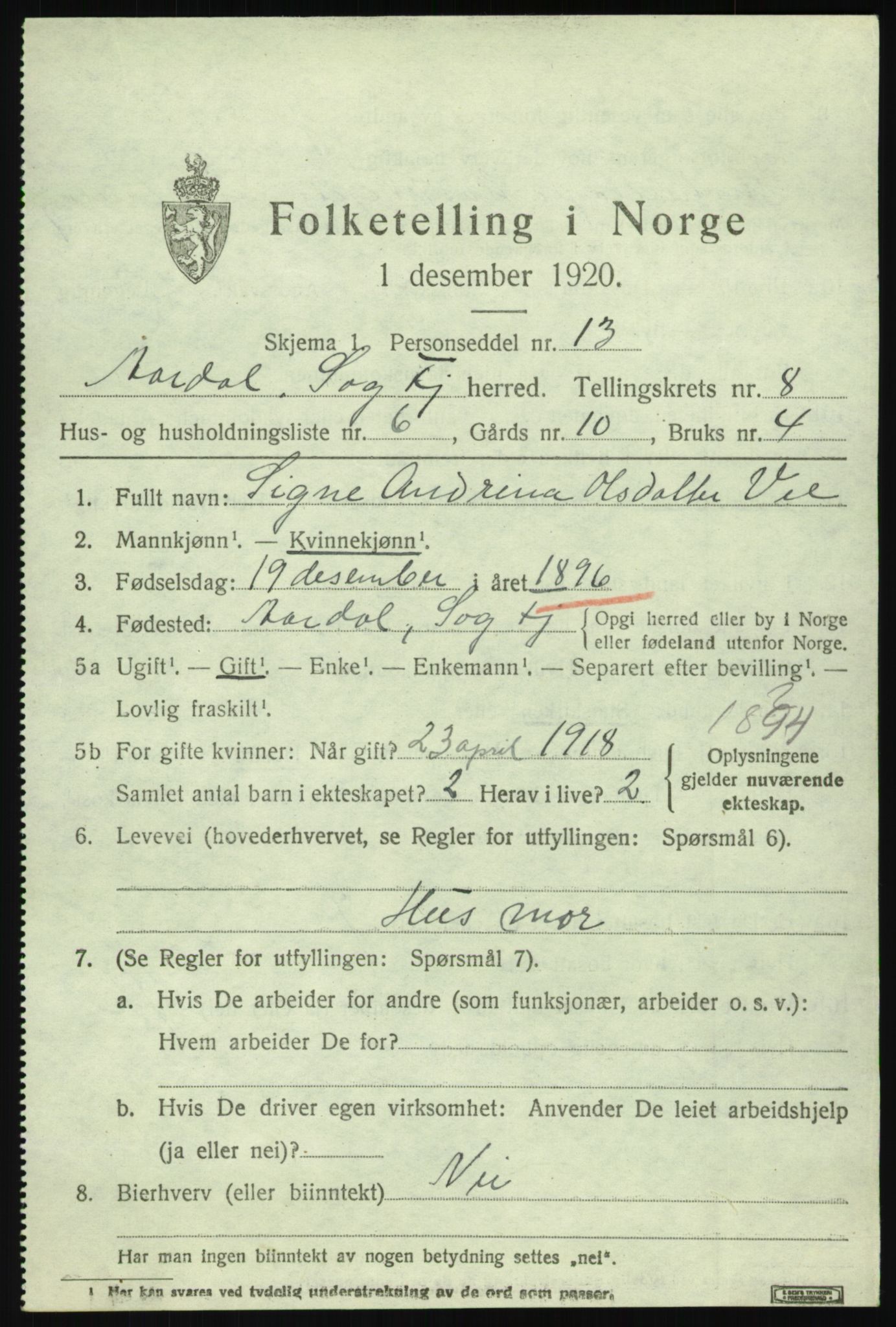 SAB, 1920 census for Årdal, 1920, p. 3619