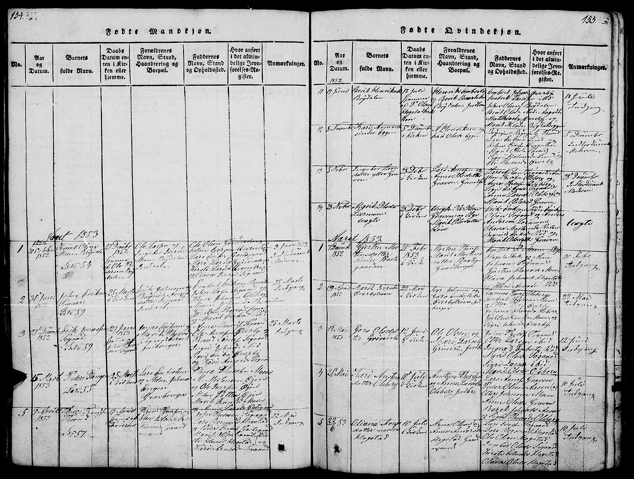 Tynset prestekontor, SAH/PREST-058/H/Ha/Hab/L0004: Parish register (copy) no. 4, 1814-1879, p. 154-155