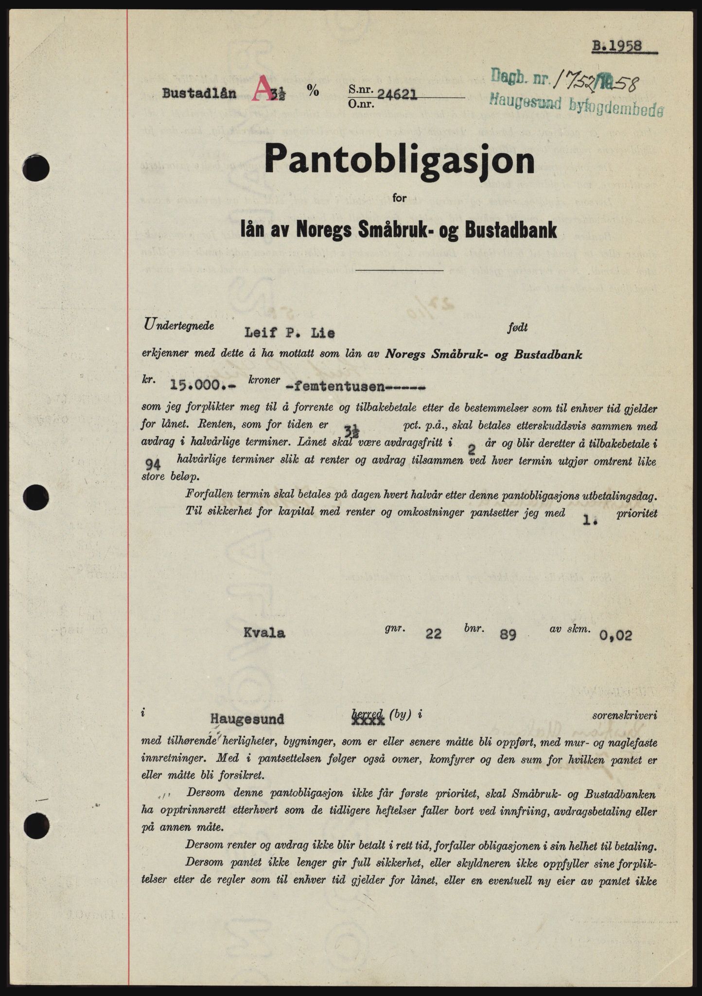 Haugesund tingrett, SAST/A-101415/01/II/IIC/L0044: Mortgage book no. B 44, 1958-1959, Diary no: : 1752/1958