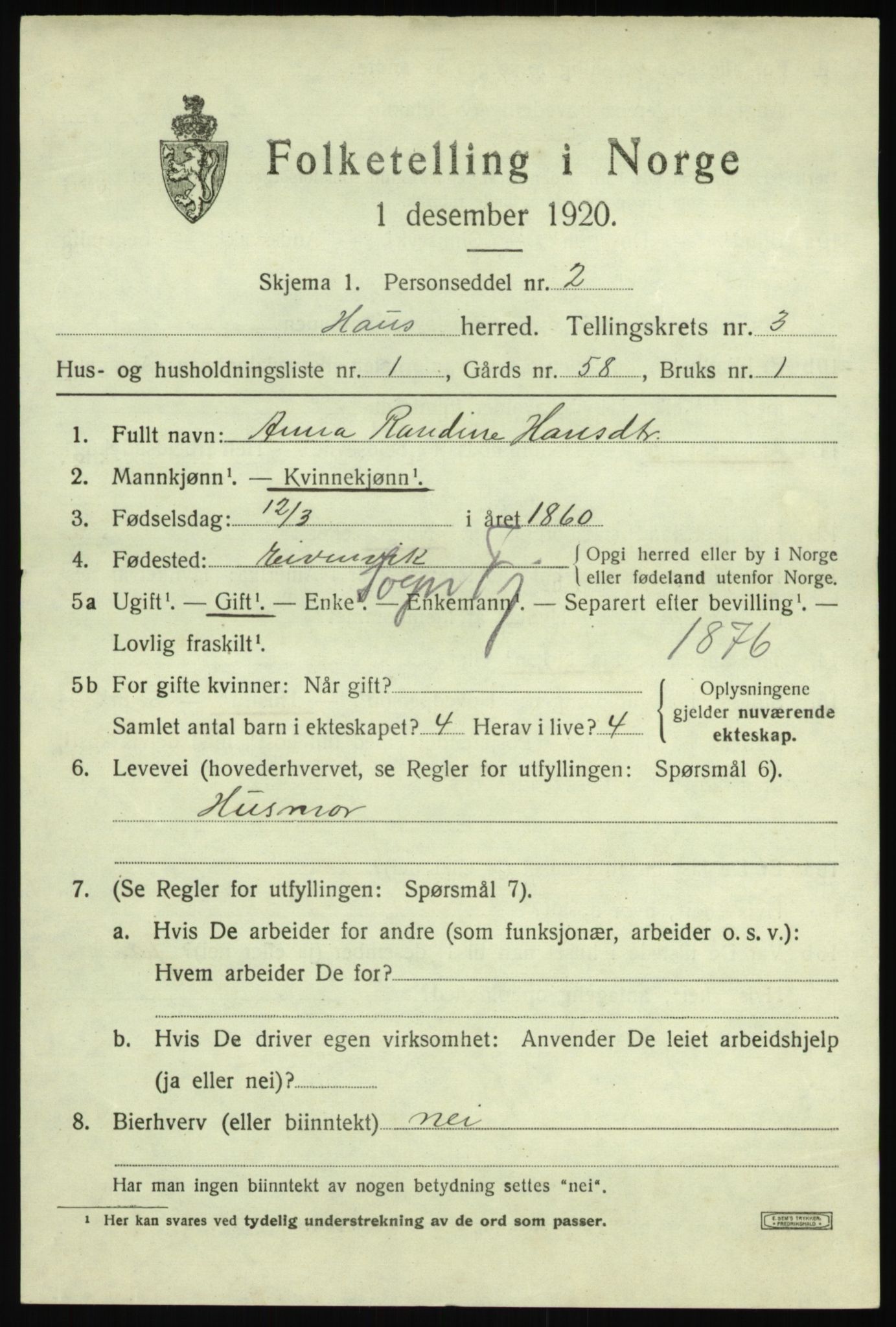 SAB, 1920 census for Haus, 1920, p. 2501
