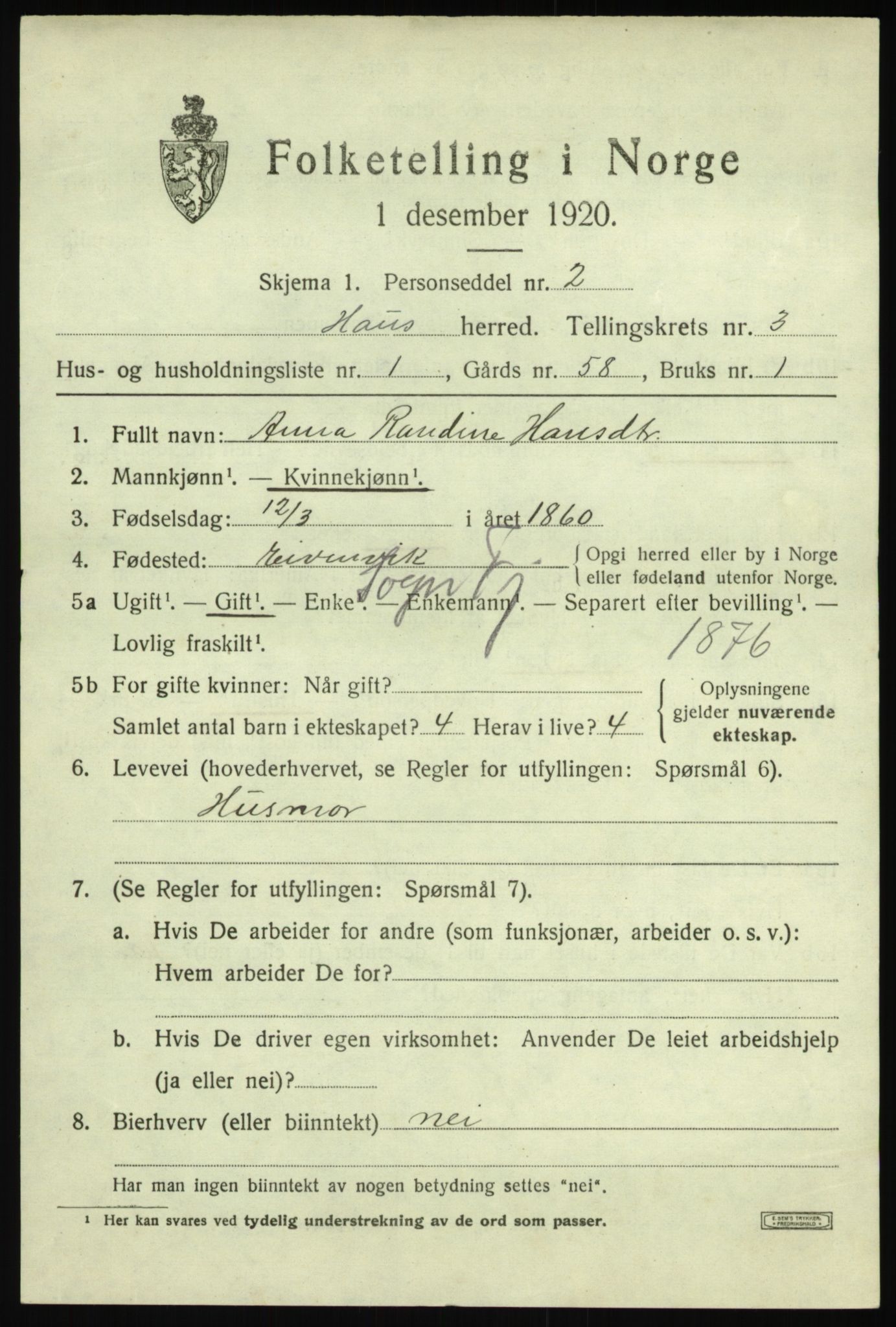 SAB, 1920 census for Haus, 1920, p. 2501