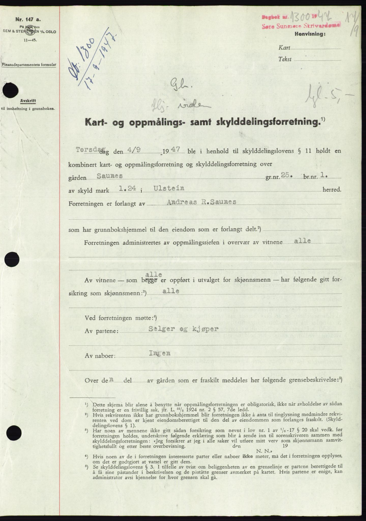 Søre Sunnmøre sorenskriveri, AV/SAT-A-4122/1/2/2C/L0081: Mortgage book no. 7A, 1947-1948, Diary no: : 1300/1947