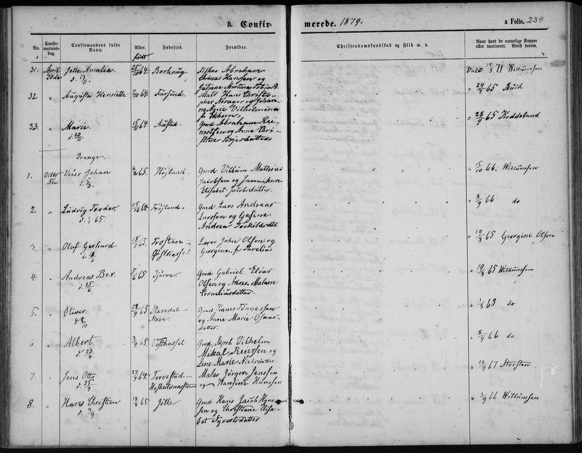 Lista sokneprestkontor, SAK/1111-0027/F/Fb/L0004: Parish register (copy) no. B 4, 1877-1891, p. 239