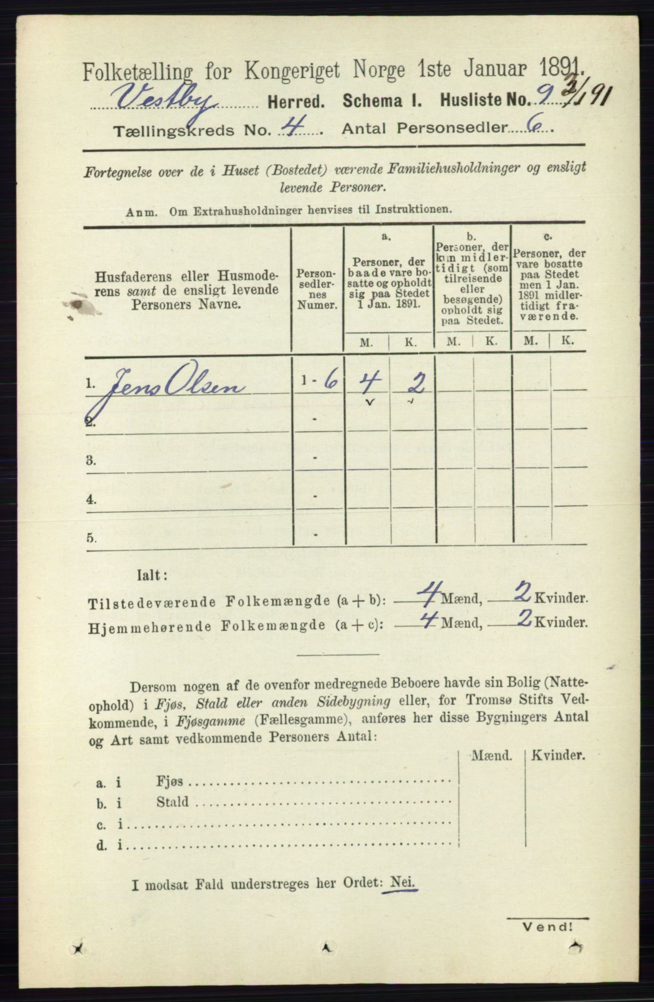 RA, 1891 census for 0211 Vestby, 1891, p. 1488