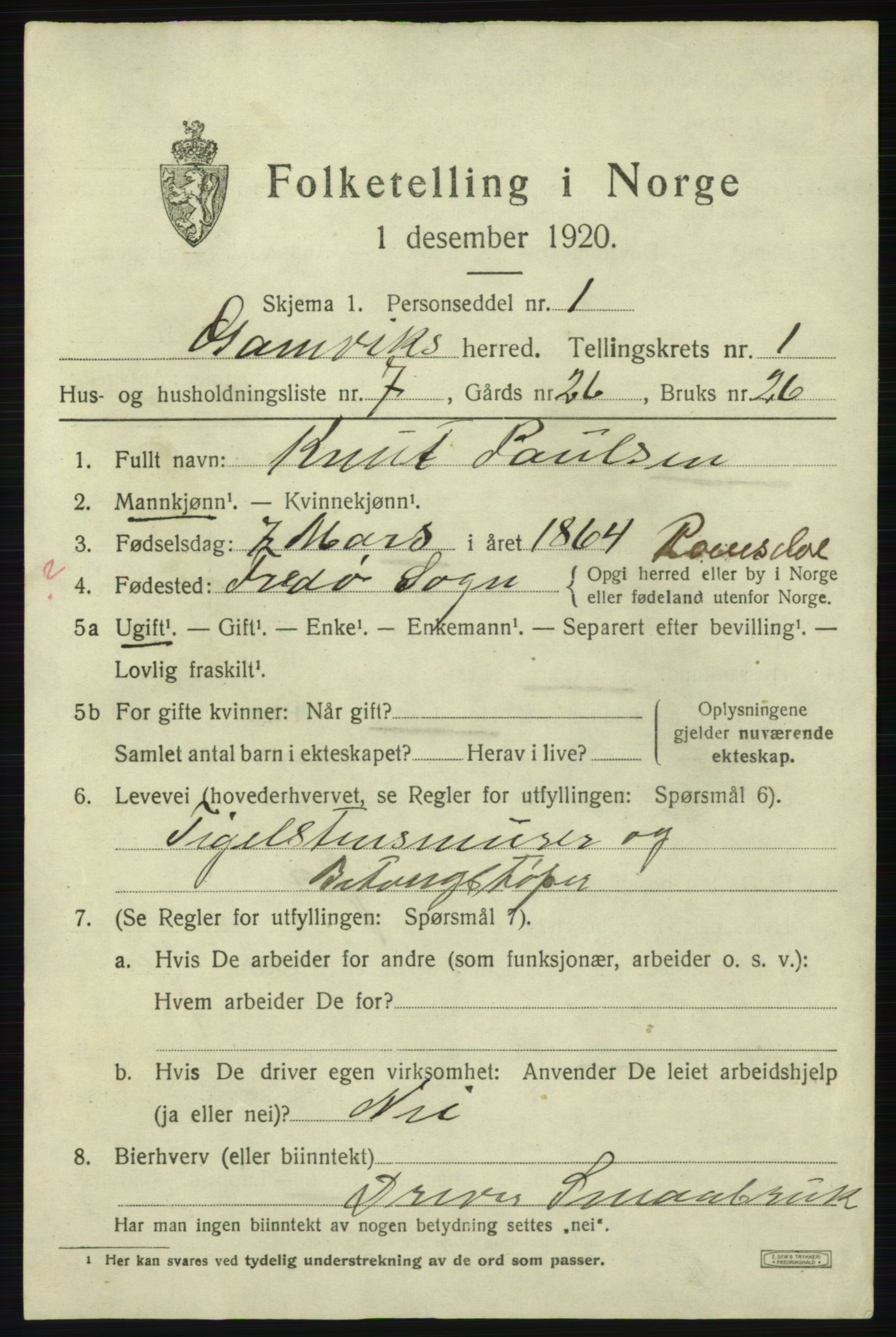 SATØ, 1920 census for Gamvik, 1920, p. 594