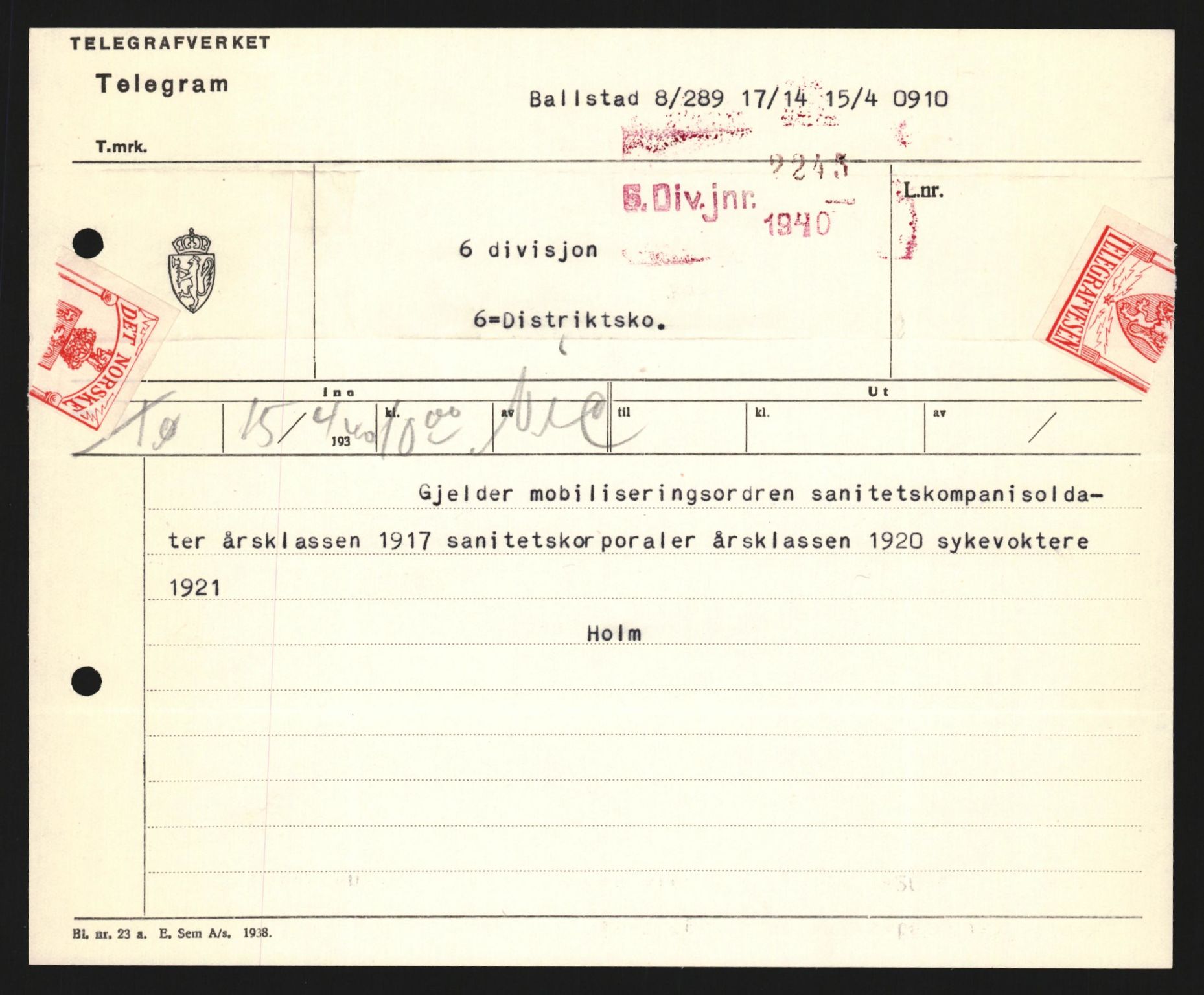 Forsvaret, Forsvarets krigshistoriske avdeling, AV/RA-RAFA-2017/Y/Yb/L0123: II-C-11-600  -  6. Divisjon med avdelinger, 1940, p. 243