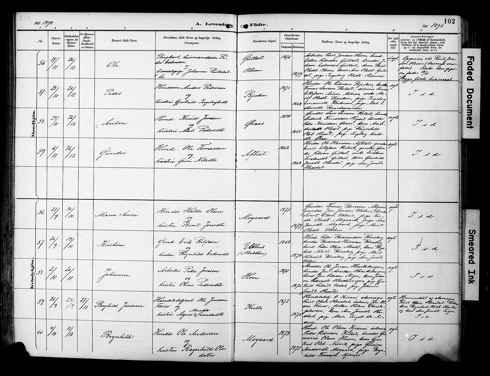 Ministerialprotokoller, klokkerbøker og fødselsregistre - Sør-Trøndelag, AV/SAT-A-1456/695/L1149: Parish register (official) no. 695A09, 1891-1902, p. 102