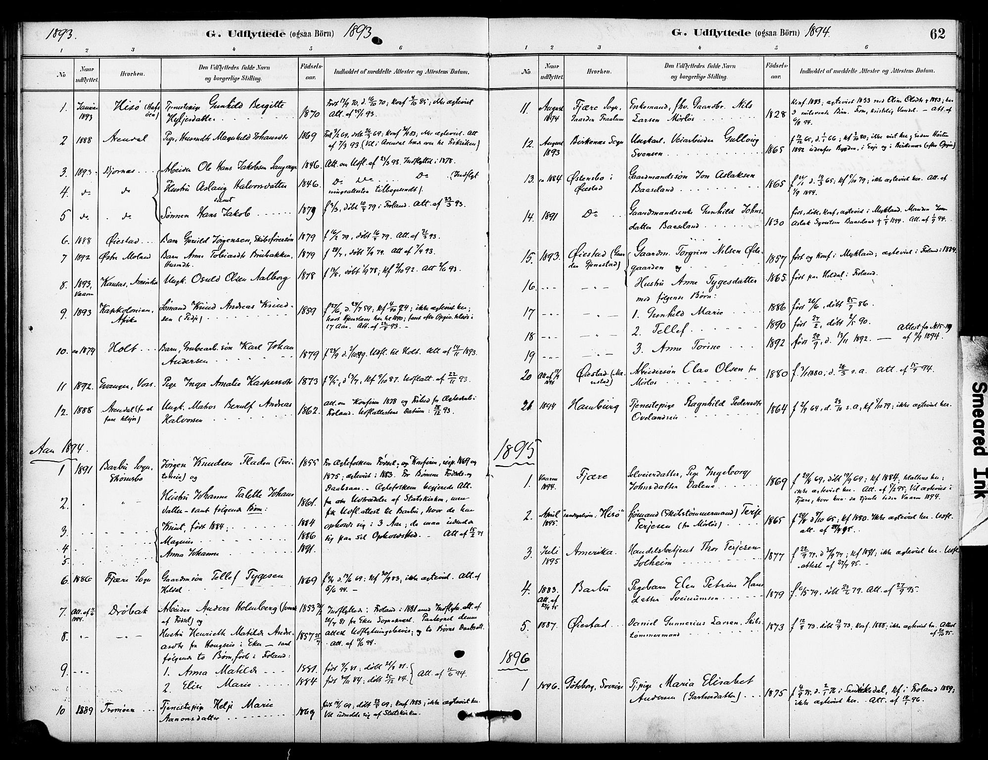 Froland sokneprestkontor, SAK/1111-0013/F/Fa/L0004: Parish register (official) no. A 4, 1882-1906, p. 62