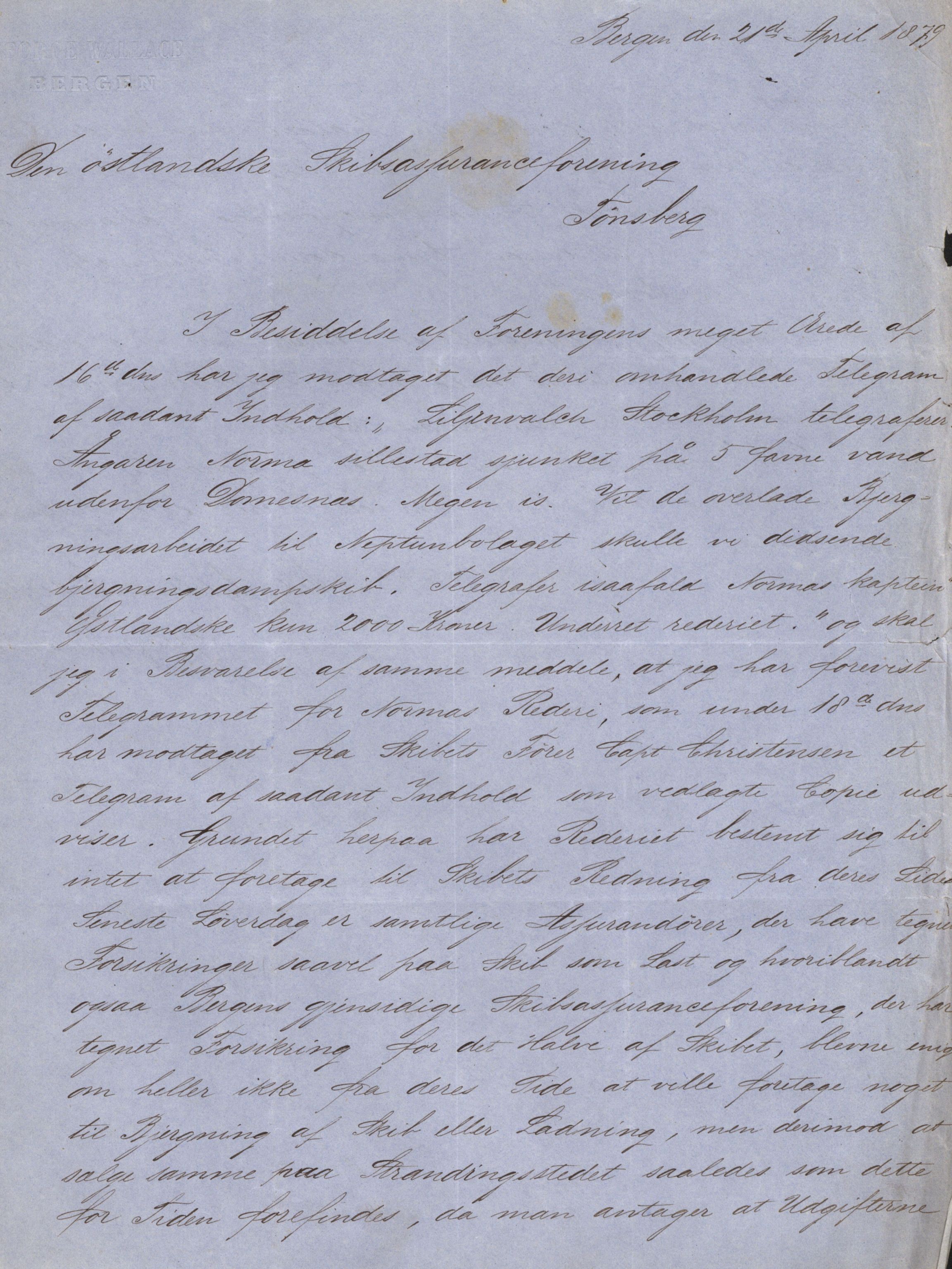 Pa 63 - Østlandske skibsassuranceforening, VEMU/A-1079/G/Ga/L0011/0033: Havaridokumenter / Norma, 1879