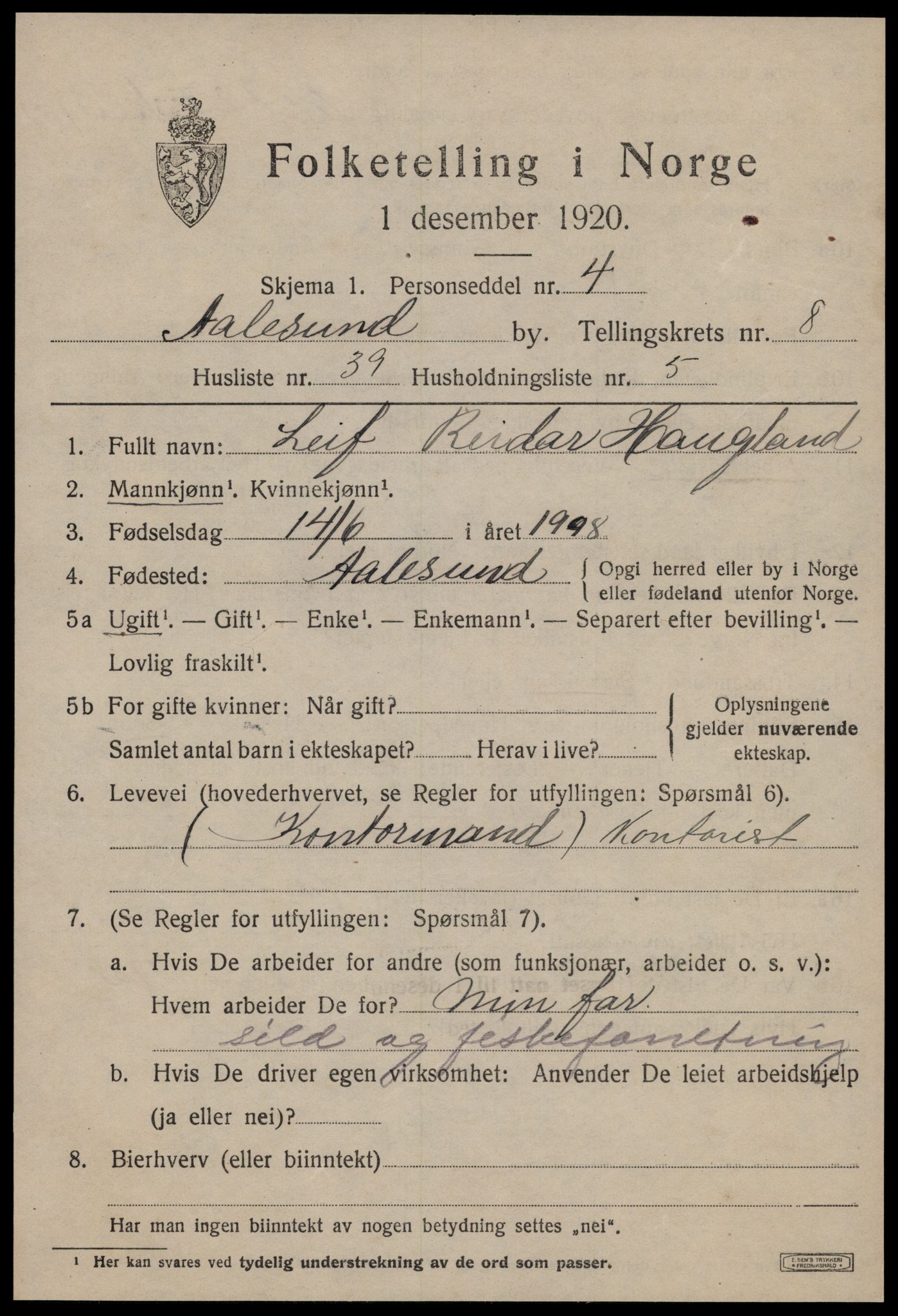 SAT, 1920 census for Ålesund, 1920, p. 22646