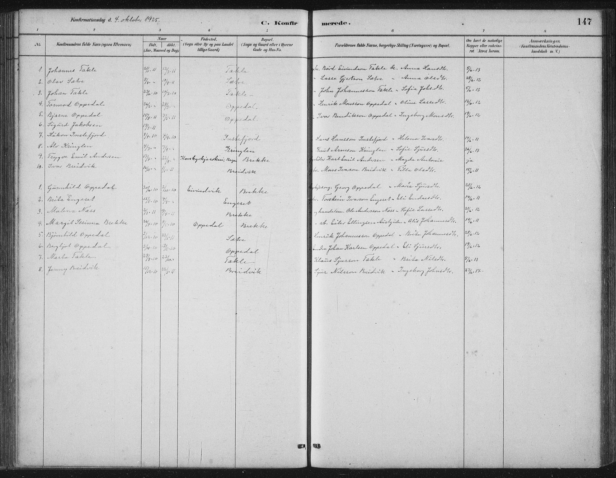 Gulen sokneprestembete, AV/SAB-A-80201/H/Hab/Habc/L0002: Parish register (copy) no. C 2, 1880-1938, p. 147