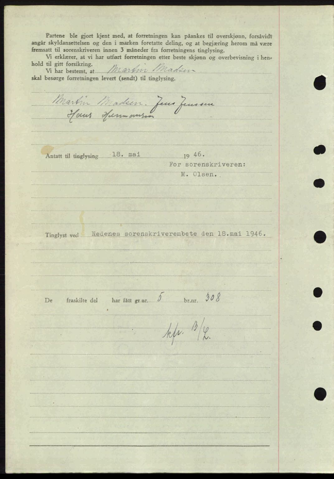 Nedenes sorenskriveri, AV/SAK-1221-0006/G/Gb/Gba/L0054: Mortgage book no. A6c, 1946-1946, Diary no: : 472/1946