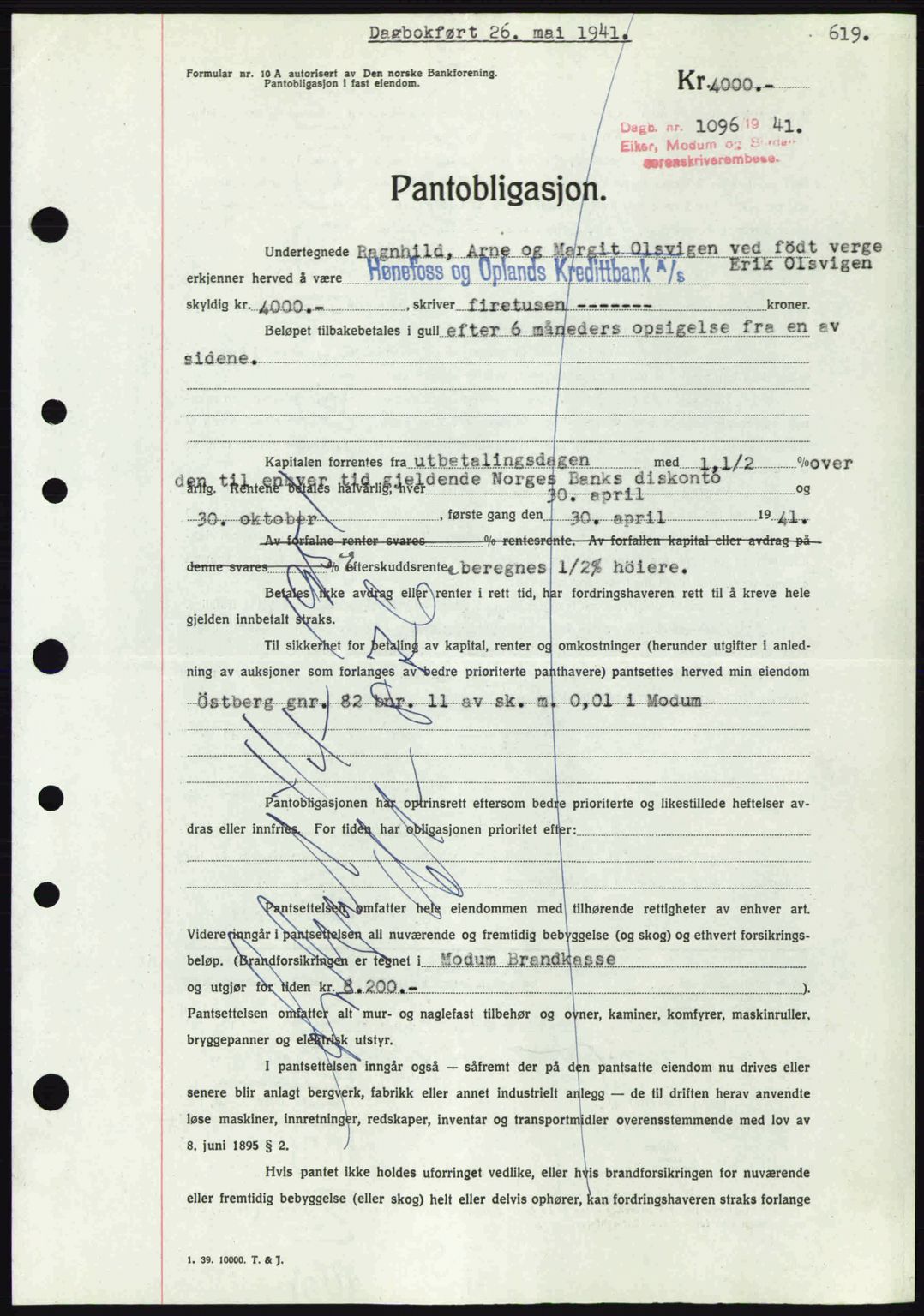 Eiker, Modum og Sigdal sorenskriveri, SAKO/A-123/G/Ga/Gab/L0043: Mortgage book no. A13, 1940-1941, Diary no: : 1096/1941