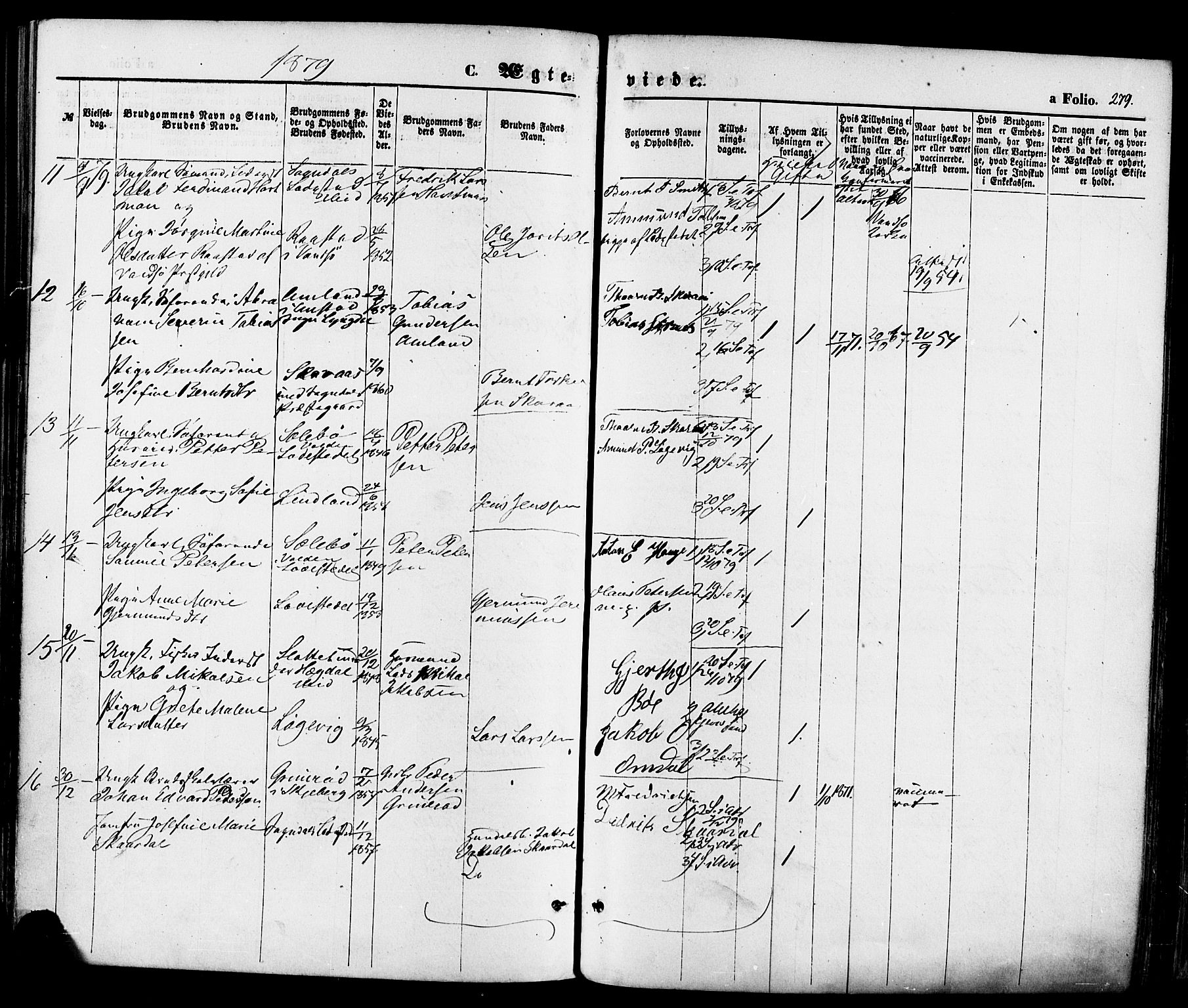 Sokndal sokneprestkontor, AV/SAST-A-101808: Parish register (official) no. A 10, 1874-1886, p. 279