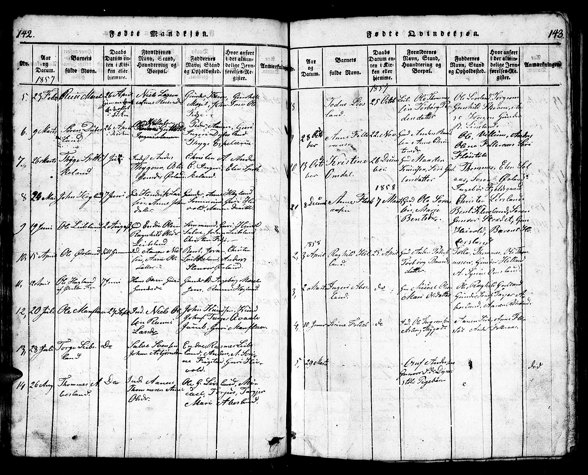 Bjelland sokneprestkontor, AV/SAK-1111-0005/F/Fb/Fbb/L0003: Parish register (copy) no. B 3, 1816-1868, p. 142-143