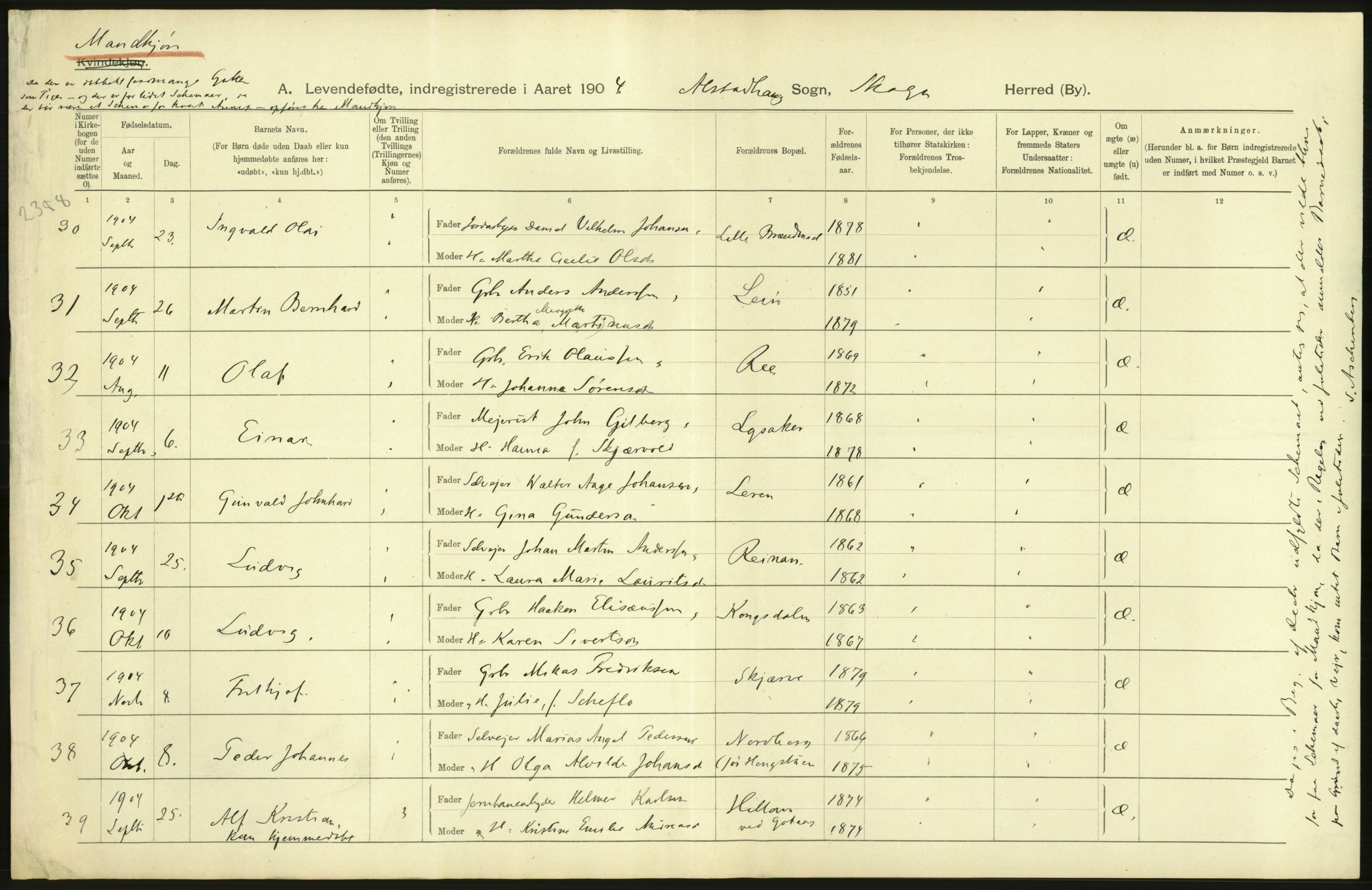 Statistisk sentralbyrå, Sosiodemografiske emner, Befolkning, AV/RA-S-2228/D/Df/Dfa/Dfab/L0019: Nordre Trondhjems amt: Fødte, gifte, døde, 1904, p. 124